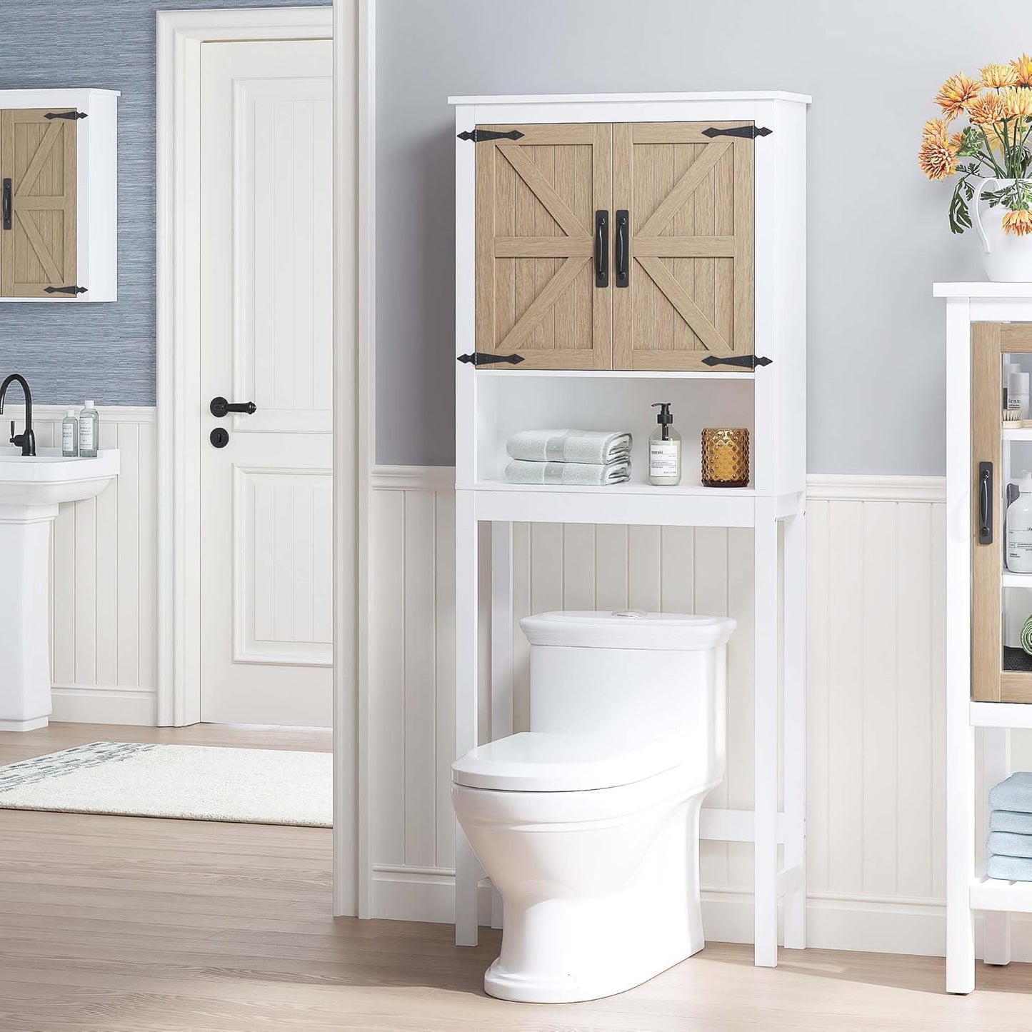 Spirich Over The Toilet Storage Cabinet, Farmhouse Over Toilet Bathroom Organizer with Wood Grain Barn Doors and Adjustable Shelves