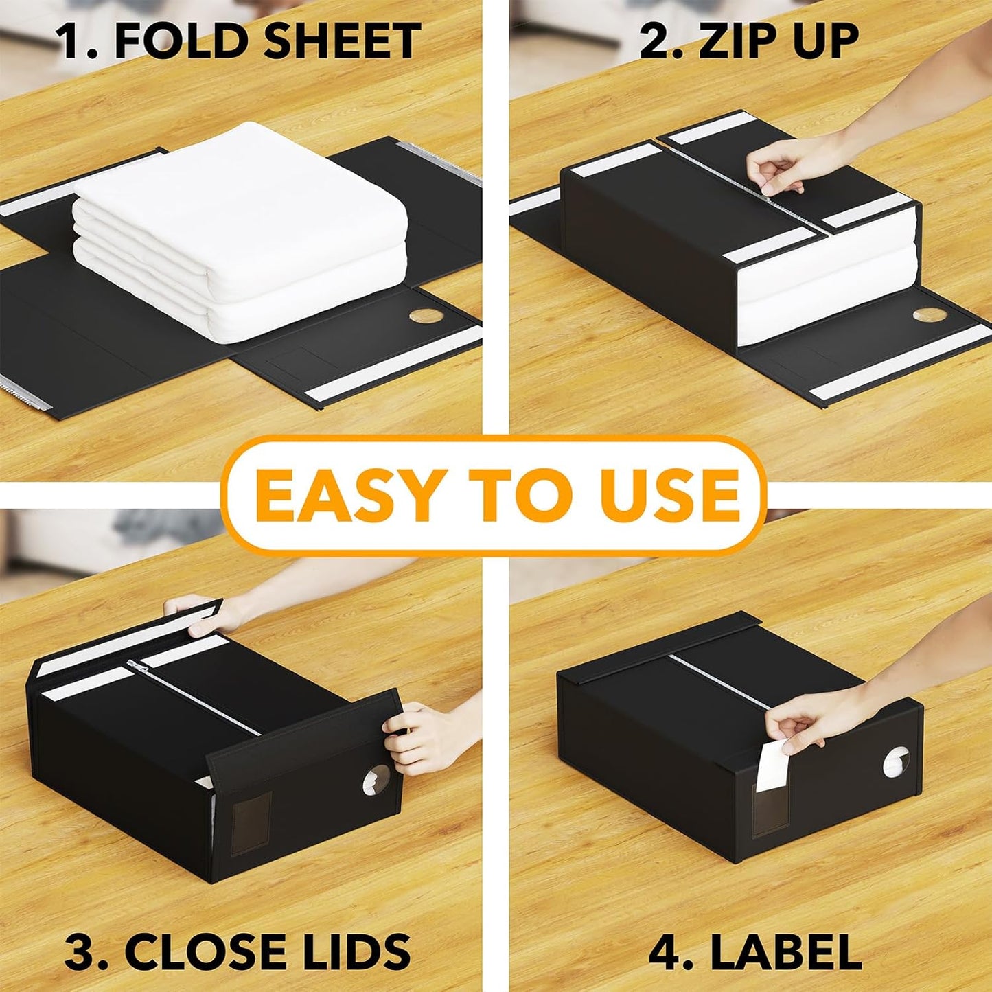 SpaceAid 4 Pack Bed Sheet Organizers and Storage, Foldable Sheet Organizer for Linen Closet, Sheets Set Folder Keeper with Window XL (Queen & King Size) Organizing Bedding Container, Black