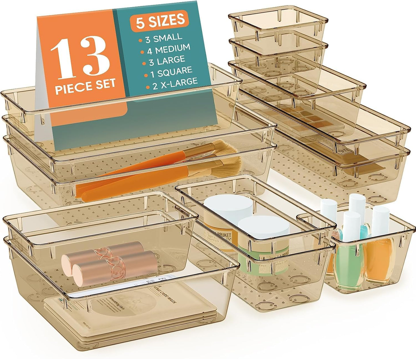 13 PCS Drawer Organizer Set, 5 Varied Size Bathroom and kitchen Drawer cabinet organizer Trays, Clear Storage Bins for Makeup, Jewelry, Utensils and Gadgets, Champagne