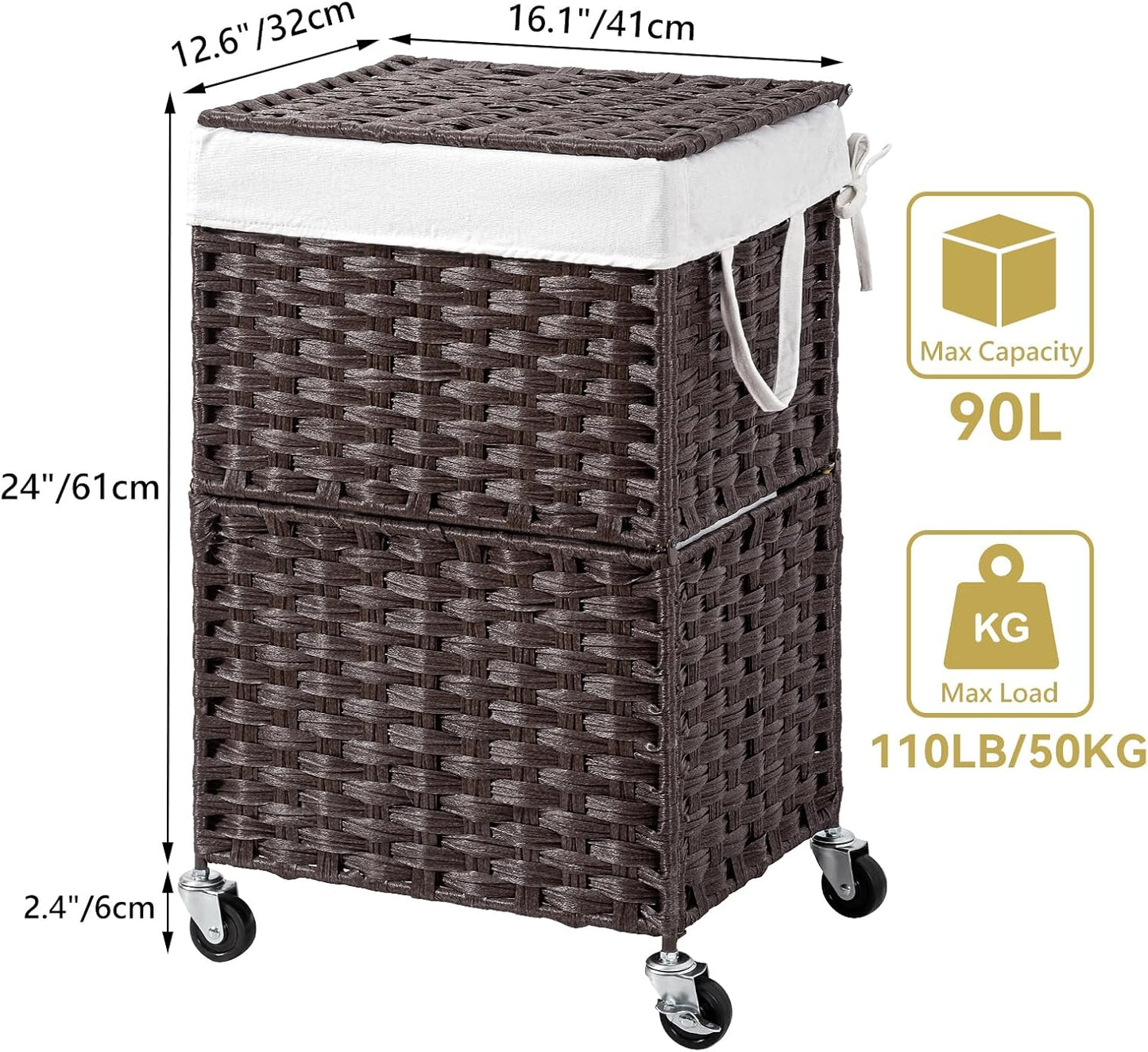 Chrislley 90L Slim Laundry Hamper with Wheels, Rolling Laundry Basket with Lid and Renovable Liner Bag, Handwoven Rattan Organizer for bedroom, bathroom, laundry room (Brown)