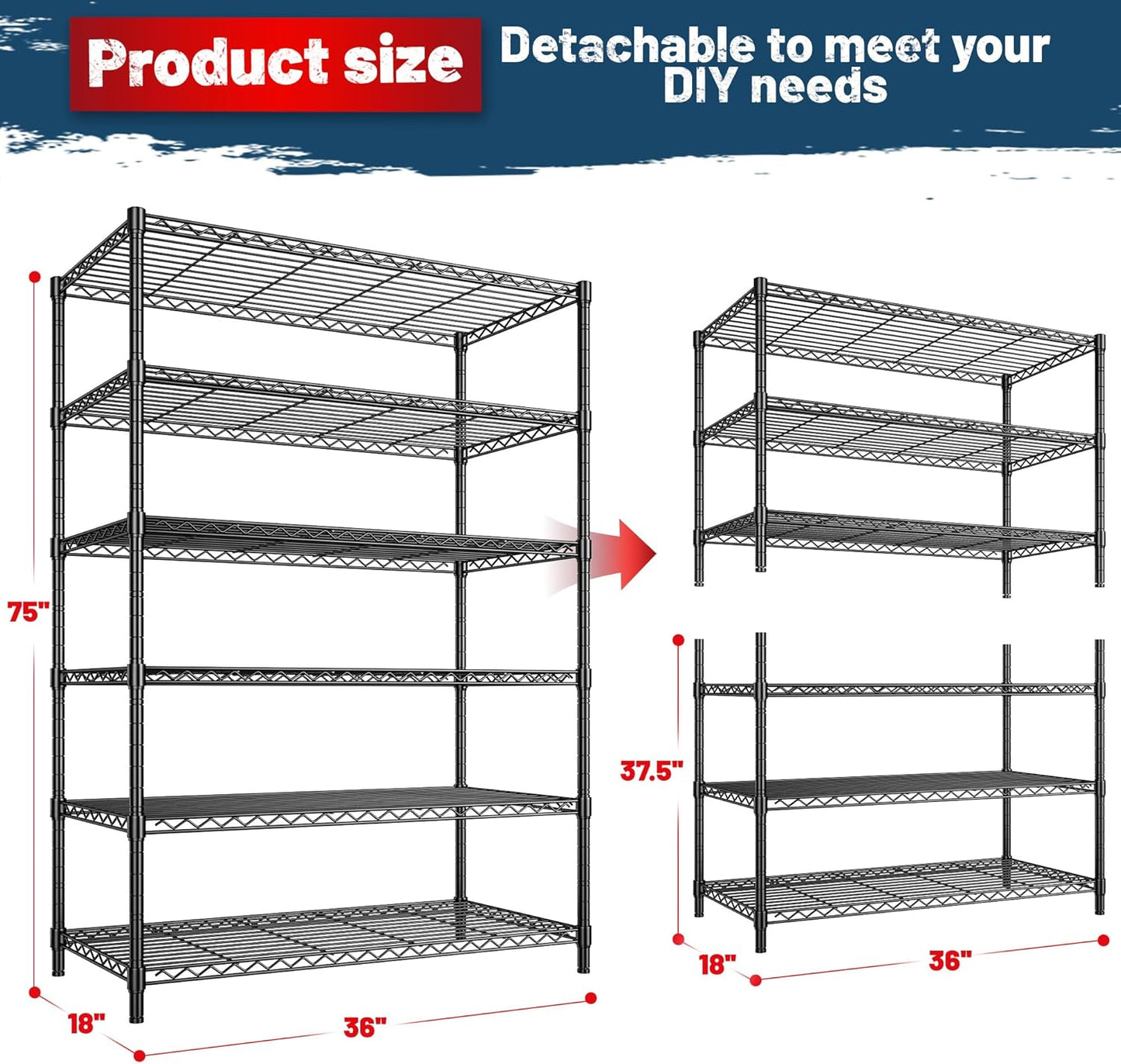6Tier Metal Shelving Unit Storage Shelves. 1200LBS Wire Shelving Rack Heavy Duty, 75H Adjustable Pantry Shelves, Metal Shelf for Garage Shelving, Closet Shelves,Kitchen, 75" Hx 36" Wx 18" D