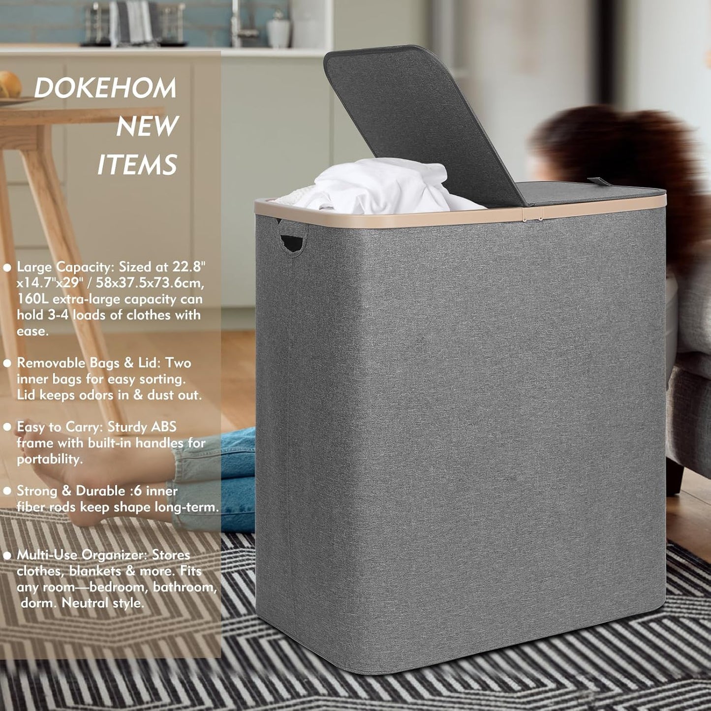 DOKEHOM 160L Double Laundry Basket with Removable Lid and Laundry Bags, Large Collapsible Laundry Hamper with 2 Sections (Grey)
