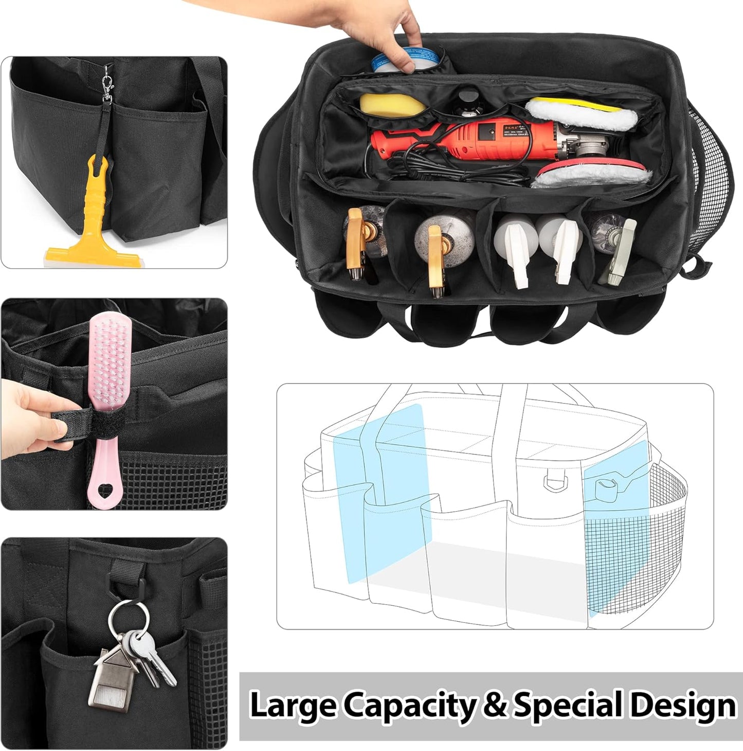 Detailing Bag with Polisher Carry Bag, Large Detail Car Care Box for Auto Detailing Supplies, Car Wash Caddy & Trunk Organizer for Buffer Bottle Towel & Cleaning Kit, Black, Patent Design