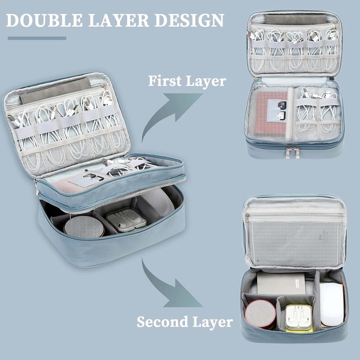 Lanola Electronic Accessories Case,Electronics Travel Organizer, Portable Double Layer Cable Storage Bag for Cord, Charger, Flash Drive, Phone, SD Card,Flash Drive,Adapter - Light Blue