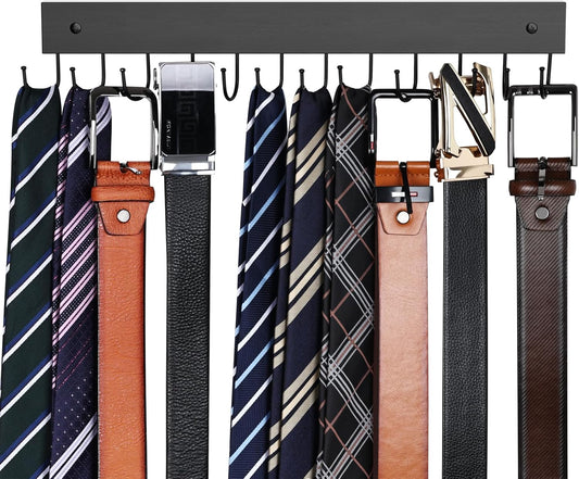 Belt Hanger Wall Mounted, Wooden Belt Organizer Max 12 Storage Capacity, 180° Rotating Space Saving Hangers for Ties, Tank Tops, Scarves, Bras, Keys, Bags 1 Pcs Black