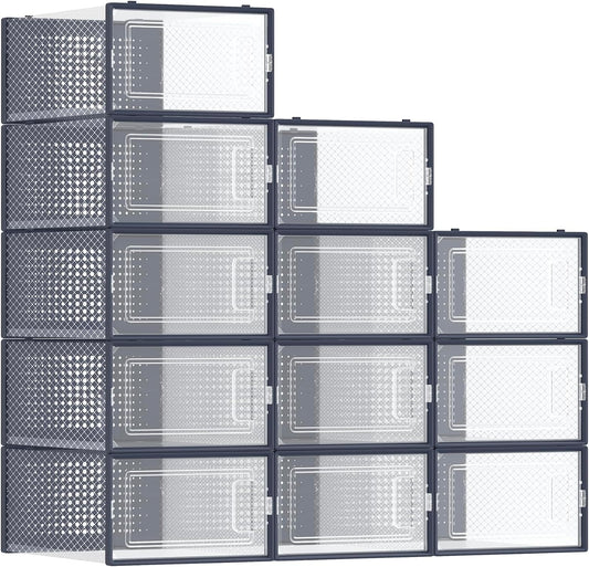 SONGMICS Shoe Boxes, Pack of 12 Shoe Storage Organizers, Stackable Clear Plastic Boxes for Closet, Sneakers, 13.1 x 9.1 x 5.6 Inches, Transparent and Charcoal Blue ULSP12SB30