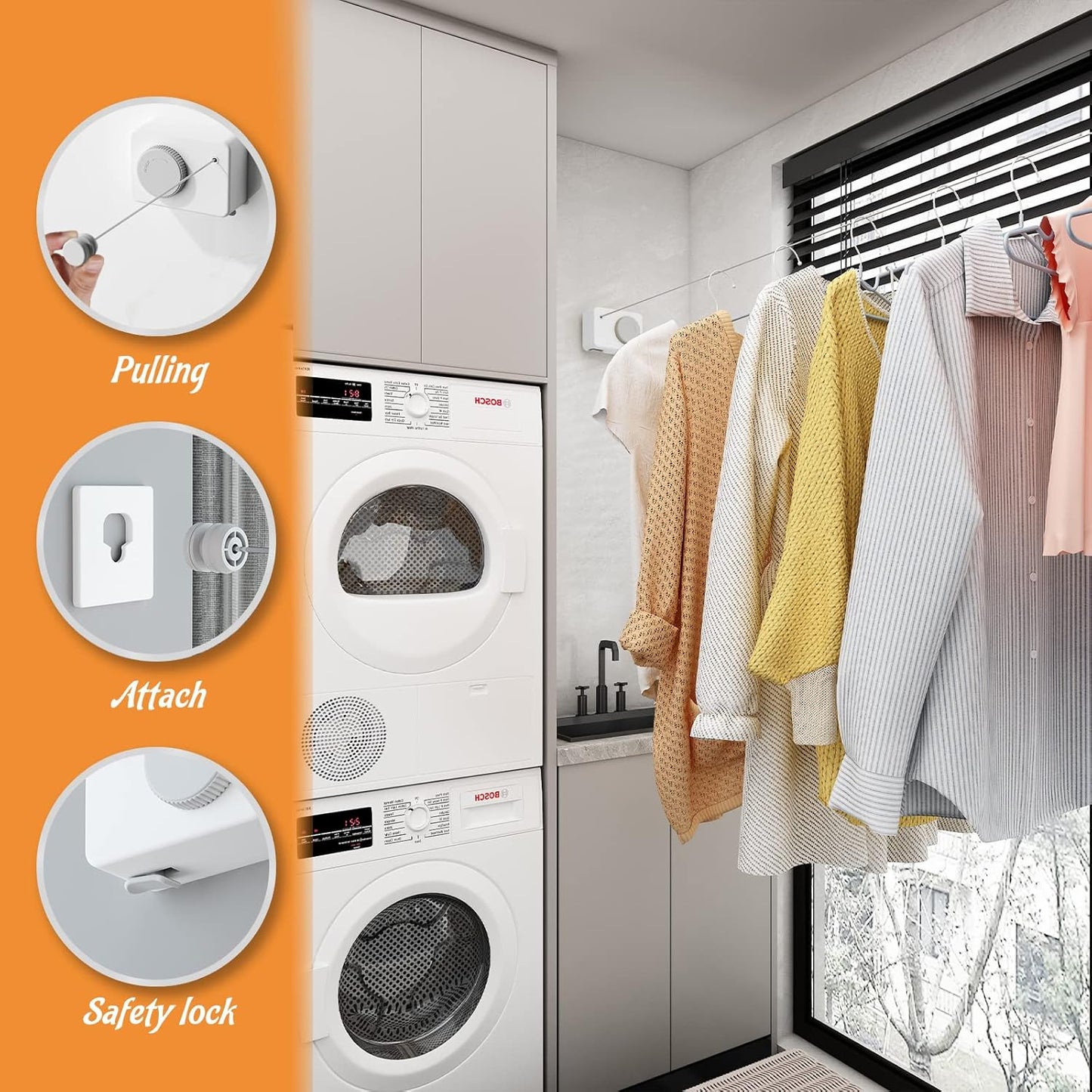 Retractable Clothesline Indoor, Non-Sagging Clothes Line Retracting Outdoors, Wall Mounted Clothes Line Outdoors Set,13.8 Ft Heavy-Duty Retractable Laundry Line,White