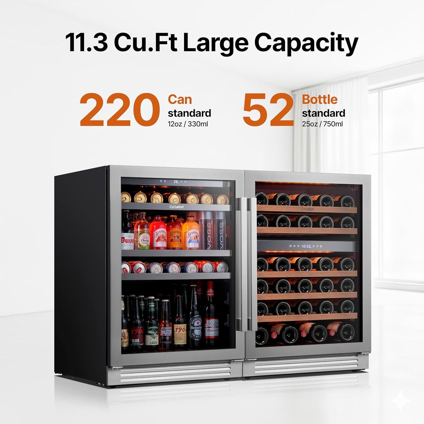 Ca'Lefort Wine Beverage Refrigerator Bundle - 48 Inch 34-65°F Drink Fridge Glass Door, 3 LED Dual Zone Wine Fridge Built-in or Freestanding, Holds 220 Cans and 46 Bottles (11.3 Cu.ft)