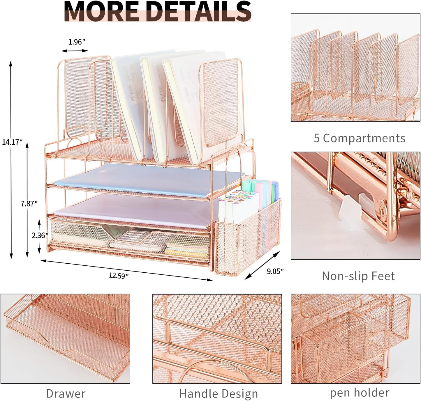 Desk Organizers and Accessories, 3-Tier Paper Organizer with 5 Vertical File Holders, File Organizer for Desk (Rose Gold With Drawer, 3T With Drawer)