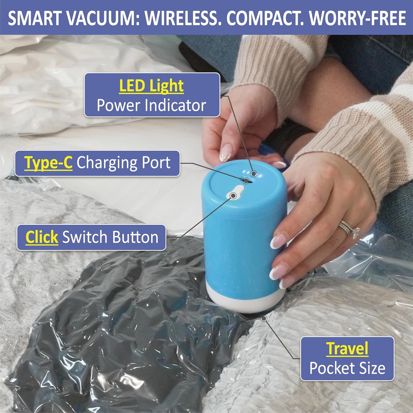 15 Pack Travel Vacuum Storage Bags with Rechargeable Wireless Electric Pump for Luggage, Suitcase, Carry-on Size Vacuum Seal Compression Space Saver Bags for Clothes and Clothing Travel
