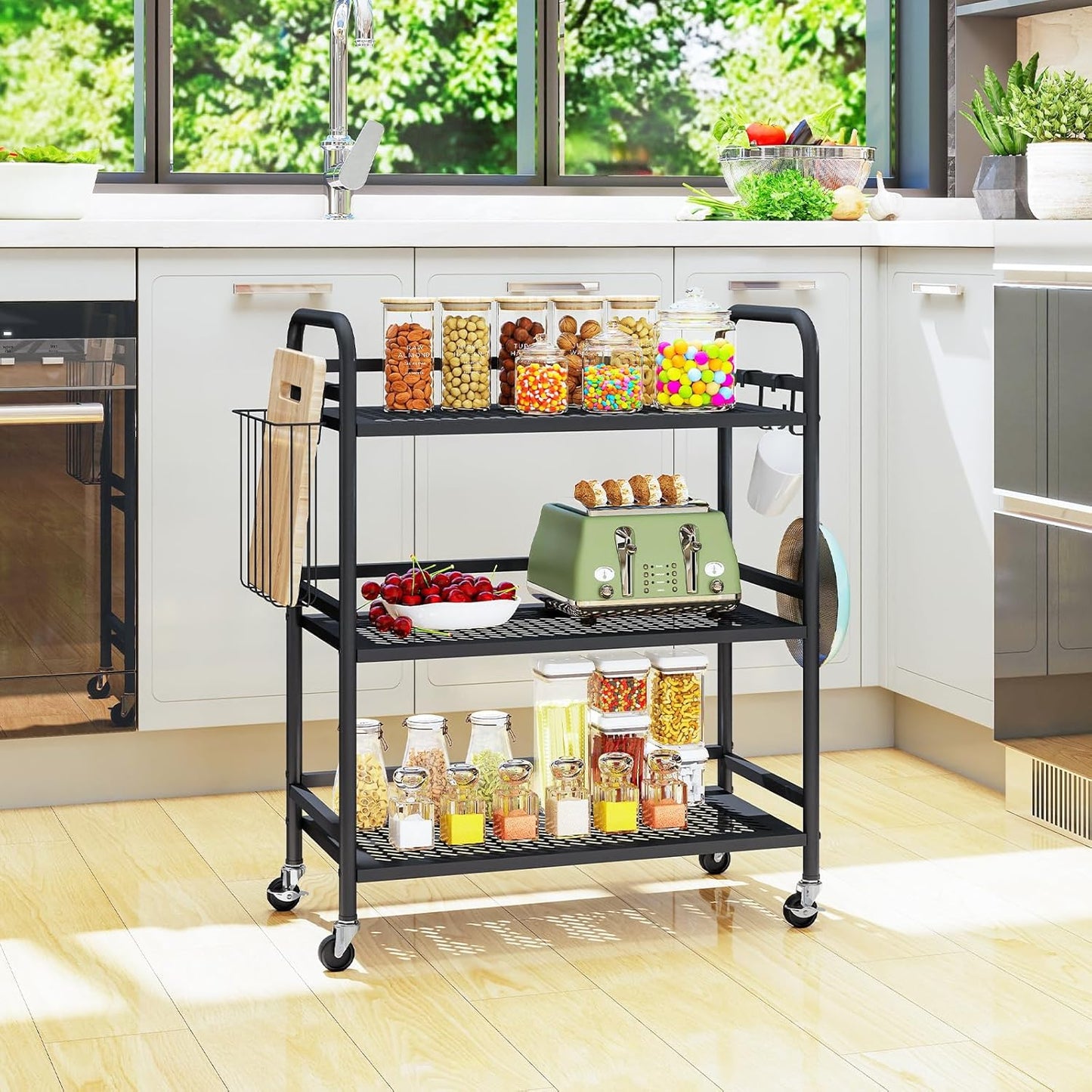 HDANI 3 Tier Metal Mesh Utility Cart,Large Capacity Multipurpose Heavy Vehicle,Rolling Trolley with to Hooks and One Basket(Black)