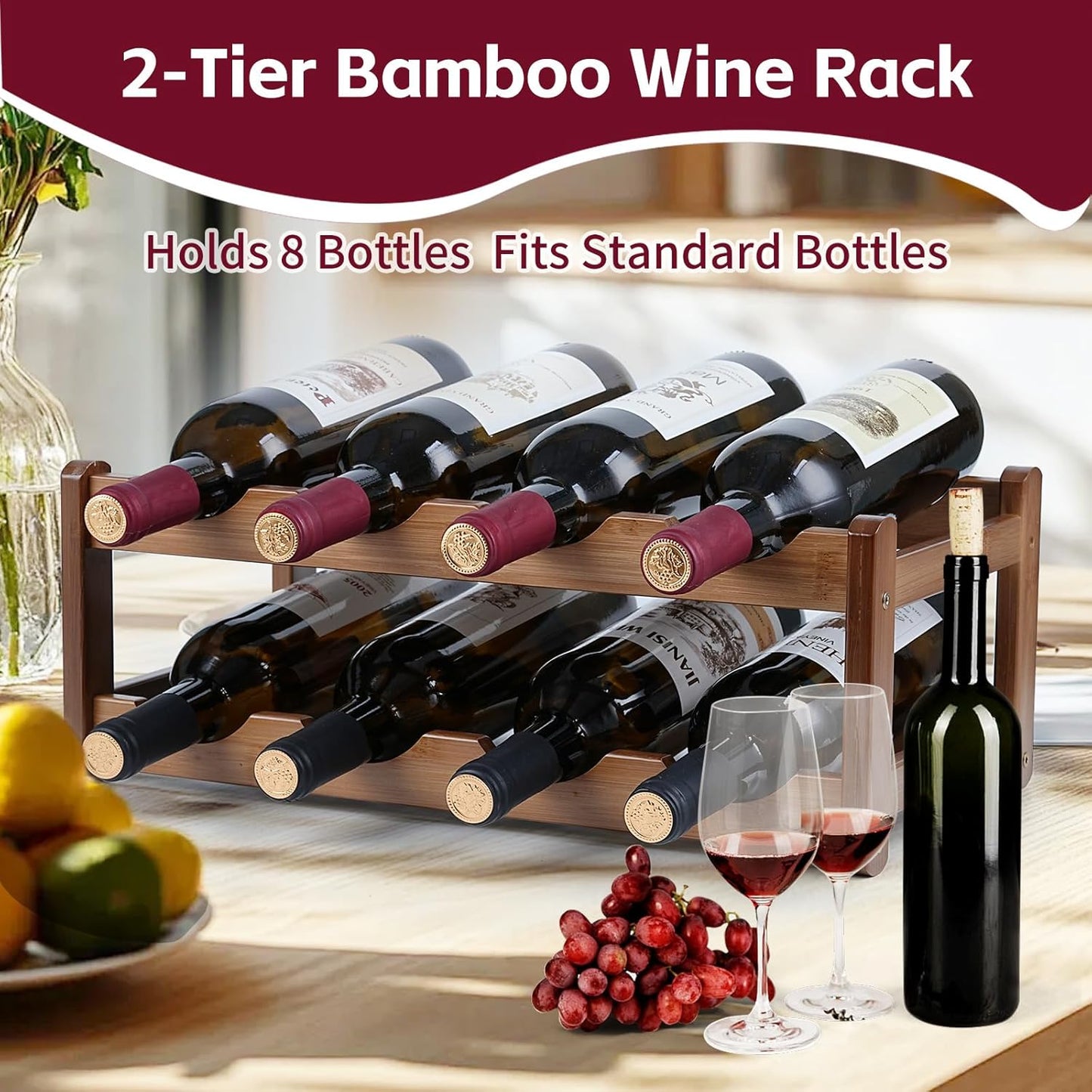 Wine Rack Storage,Bamboo Wine Racks Cabinet Shelf,2-Tier 8 Bottles Freestanding Wine Bottle Holder for Basement,Kitchen,Countertop