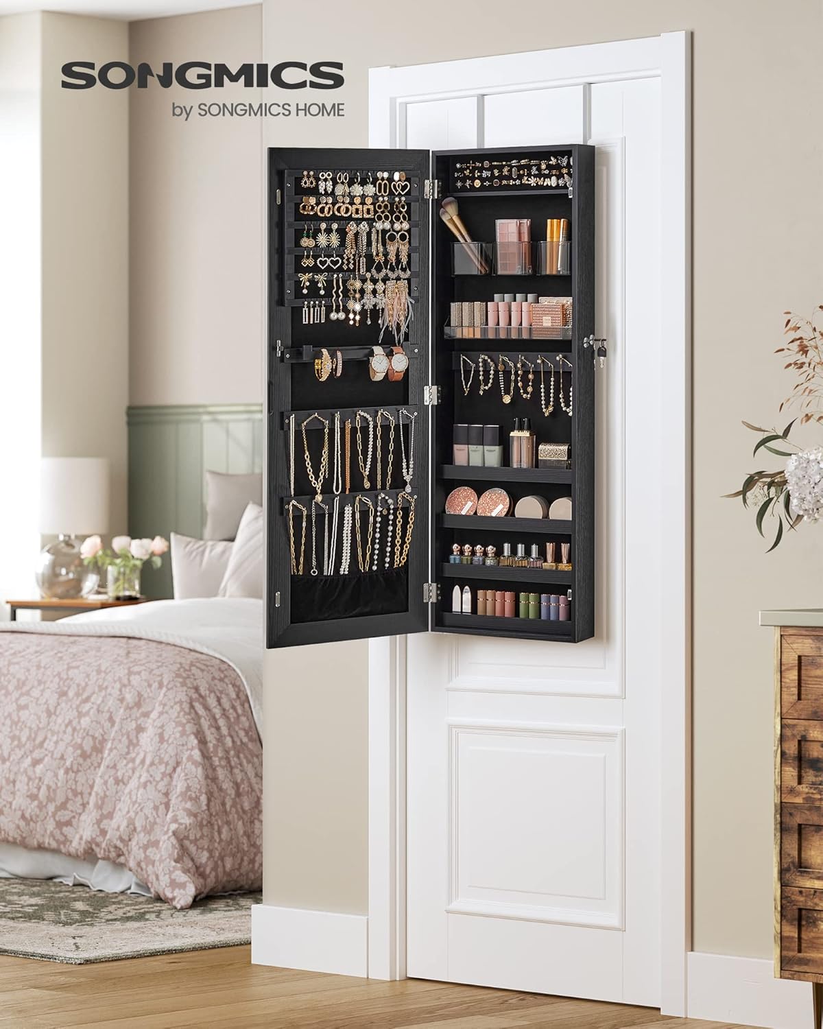 SONGMICS Mirror Jewelry Cabinet Armoire, Wall or Door Mounted Jewelry Storage, Hanging Lockable Frameless with 2 Plastic Cosmetic Organizers, Christmas Gift Idea, Black UJJC001B01