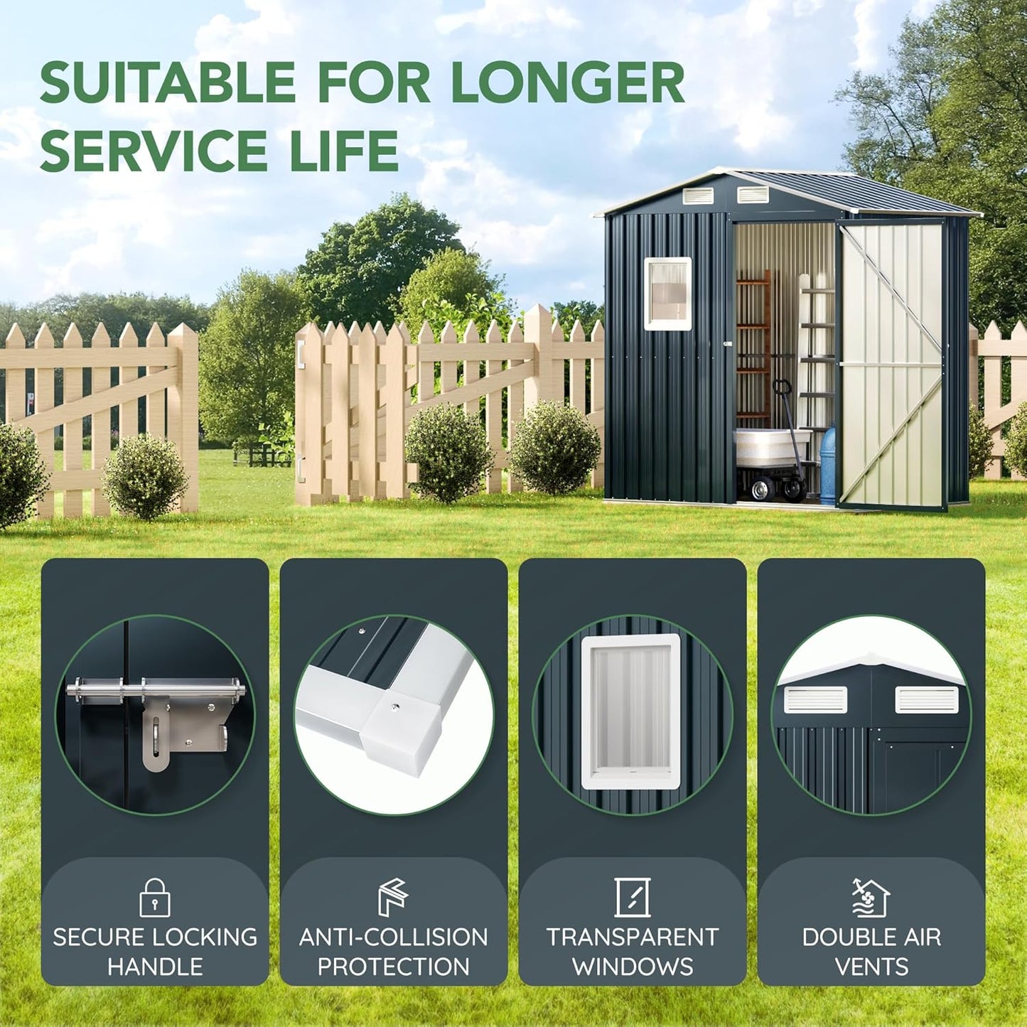 Breezz 6x4FT Metal Storage Shed with Floor Frame & Lockable Doors, Outdoor Steel Garden Shed with Clear Window, Weatherproof Tool Storage for Patio, Yard, and Backyard, Nightblue
