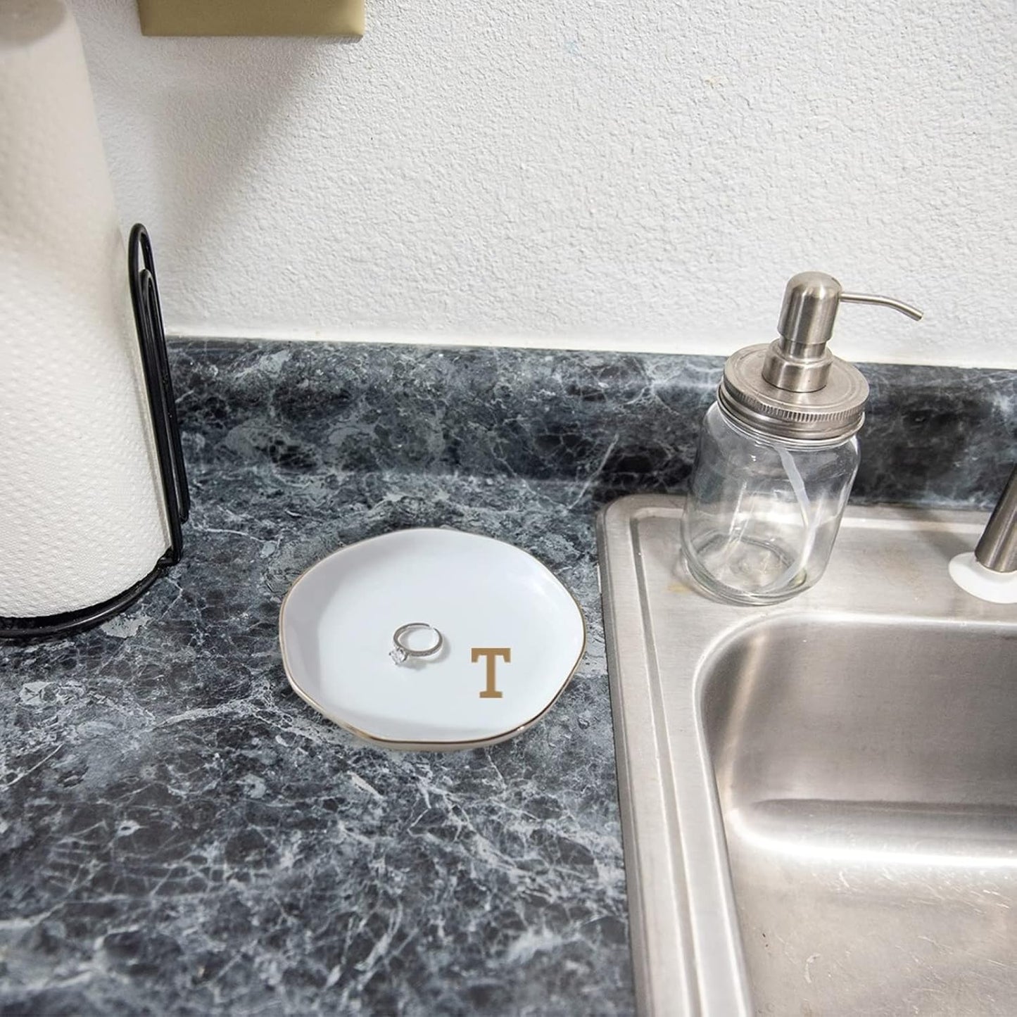 Initials Ring Dish Jewery Tray with Personalized T-Monogrammed Gifts Wedding Engagement for Women Friends Sister Teacher,Ceramic White