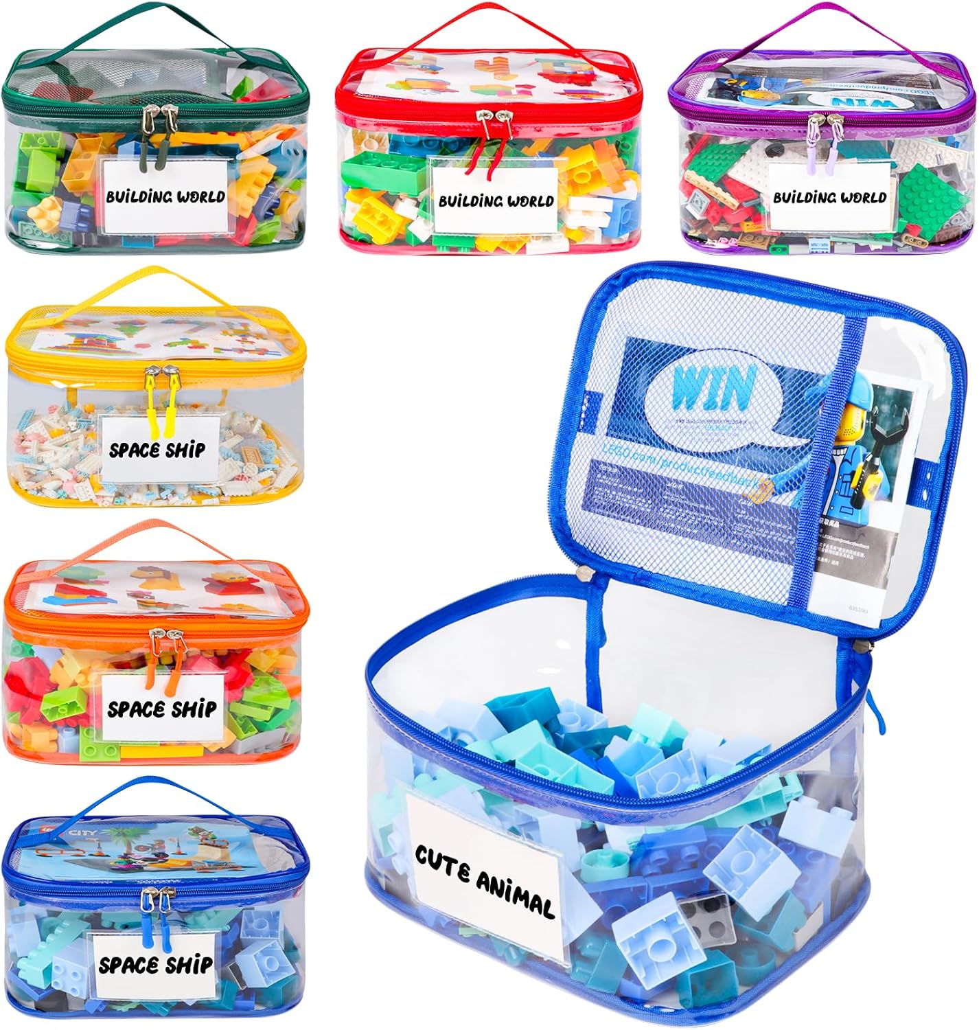 6 Pack Clear Toy Storage Bag with Name Tag& Manual Pocket, Waterproof Transparent PVC Toy Organizer Case for Lego Bricks, Board Games, Building Blocks, Puzzles (Large Capacity, Colorful)