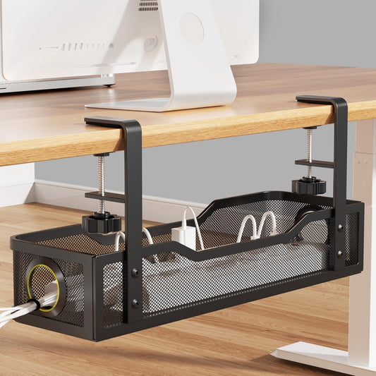 [Upgraded] Under Desk Cable Management Large, Cinati 16" Cable Management Box for Table Thickness up to 3", Wire Cord Organizer with Clamp No Drill, No Damage to Desk(Black)