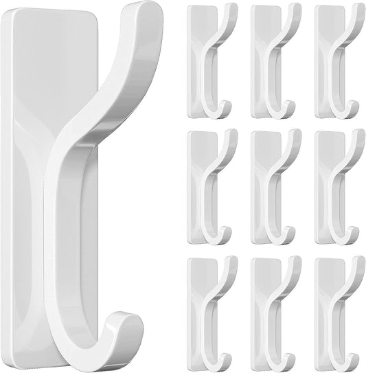 pickpiff 10-Pack Self Adhesive Wall Hooks for Hanging - 13 LB Strong Hold, Sticky Hangers for Coat, Towel, Purse, Keys, Bag - for Wall, Door, Bathroom, Shower, Dorm, Kitchen - Stainless Metal, White