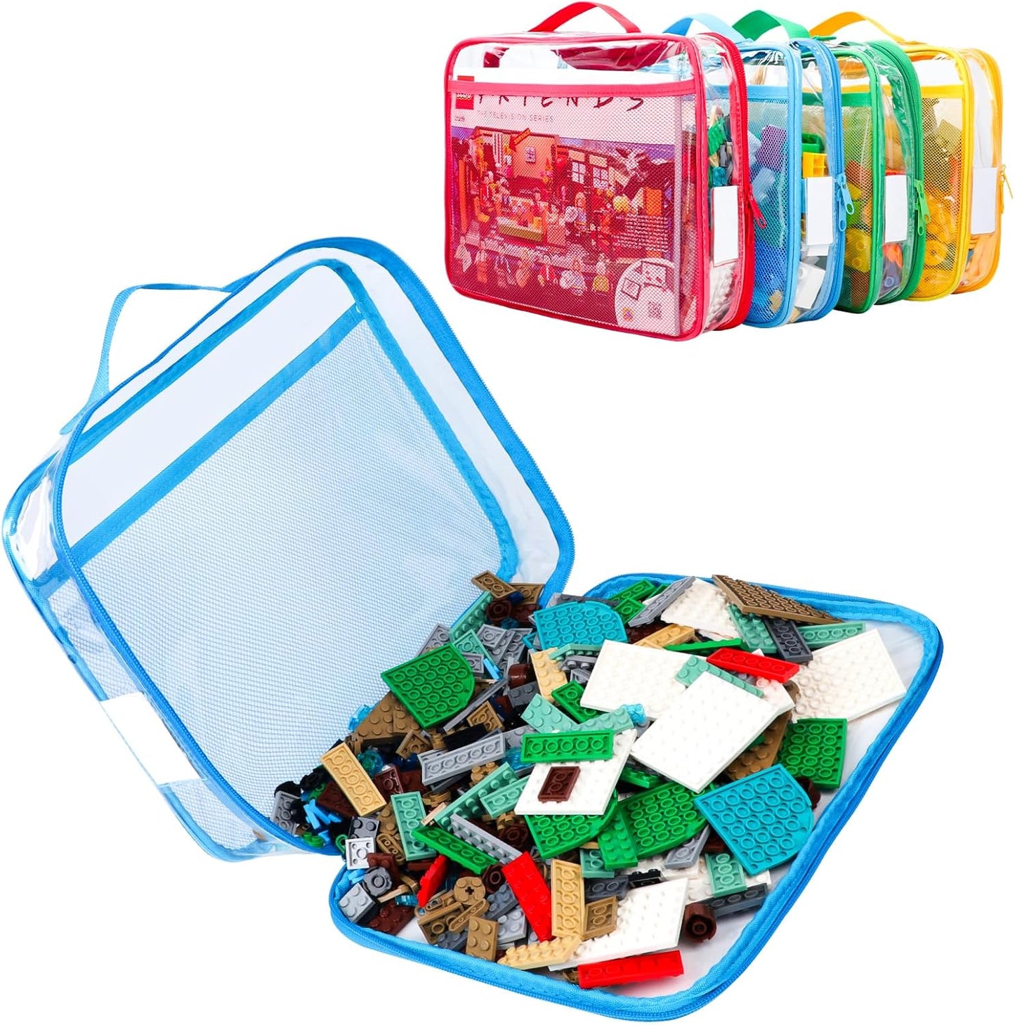 4 Pack Toy Storage Organizer Bag for Lego Bricks, Clear PVC Zippered Blocks Set with Manual Pocket& Name Tag, Waterproof Toy Carrying Case for Board Games& Building Blocks (Large, Colorful)