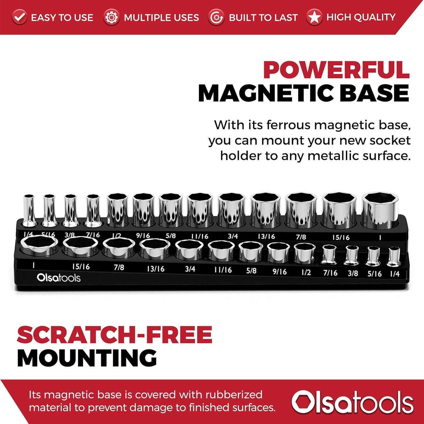 Olsa Tools Magnetic Socket Organizer | 3/8-Inch Drive | SAE | Black | Holds 26 Sockets | Professional Quality Tools Organizer