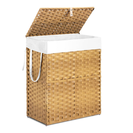 Woven Laundry Basket with Lid, Large Hamper with Removable and Machine-Washable Liner, Foldable Rattan Clothes Hamper, Sturdy Steel Frame, Odor Control, 90L Capacity, Goose Yellow