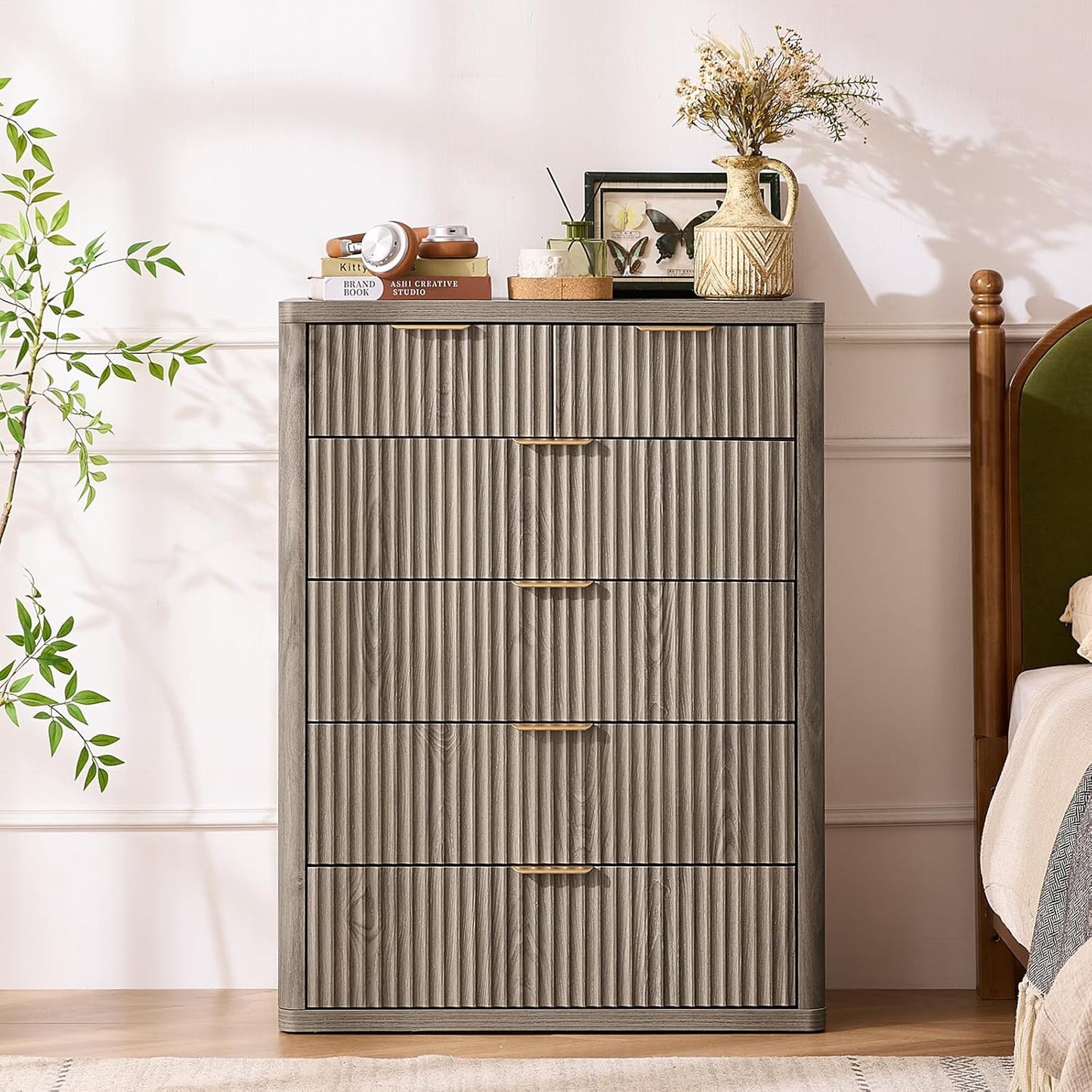 LEYAOYAO Fluted 6 Drawers Dresser for Bedroom Set of 2, 42" Tall Modern Chest of Drawers with Metal Handle, Curved Profile Design,Grey Wood Drawer Organizer for Bedroom, Living Room, Hallway