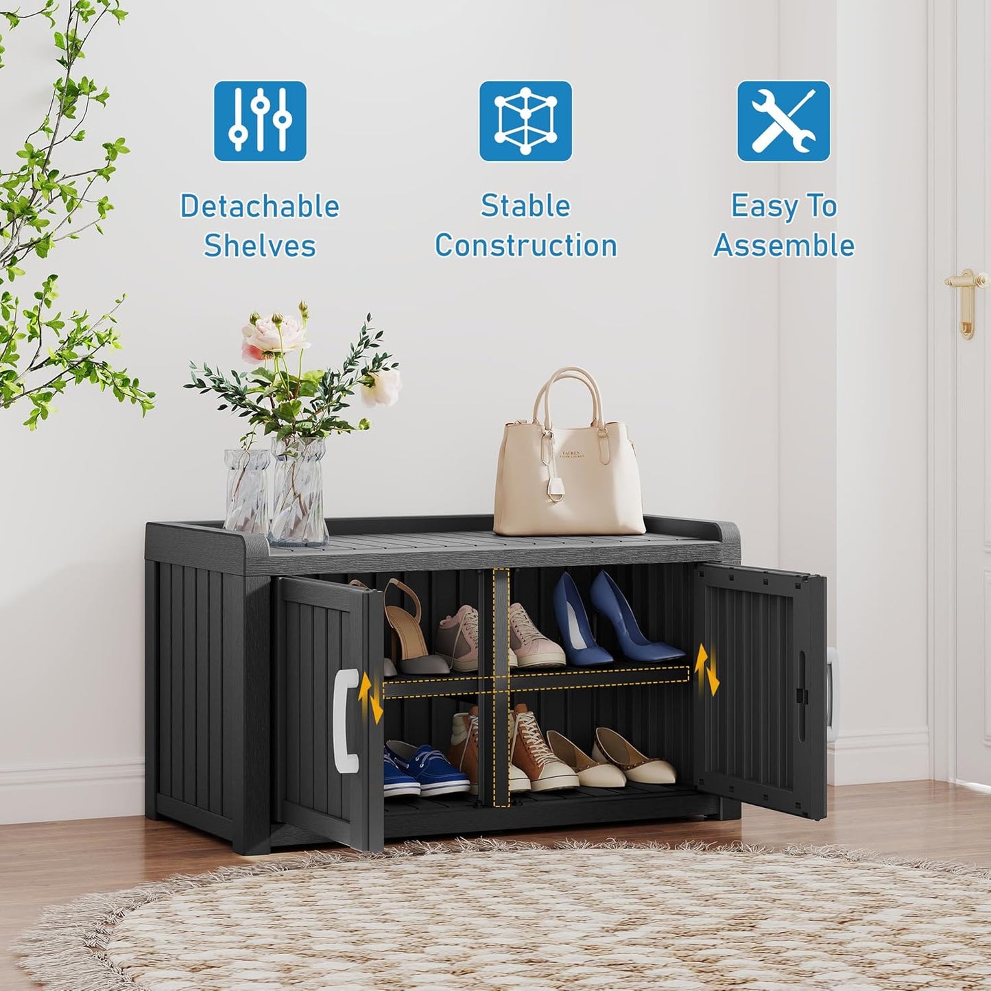 KAMABOKO Outdoor Shoe Storage Cabinet, Waterproof UV-Resistant Entryway Storage Bench Indoor Outdoor with 2 Barn Doors, Adjustable Shelves for Entryway, Bedroom, Hallway,Living Room(Classic Black)