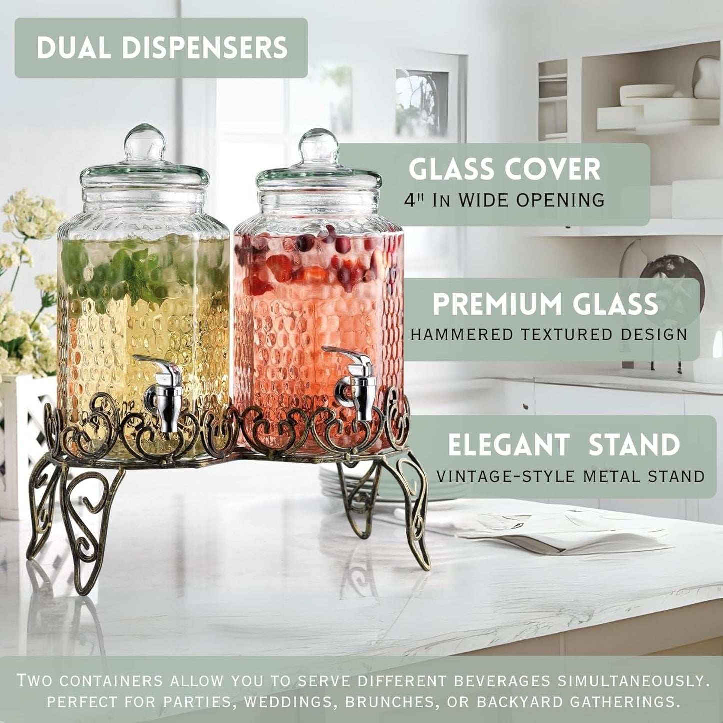 Classic Hammered Glass Beverage Dispenser with Elegant Stand (Set of 2), 1 Gallon Glass Drink Dispenser with Stand & Spigot, Party Drink Dispensers for Lemonade, Punch, Water, Juice