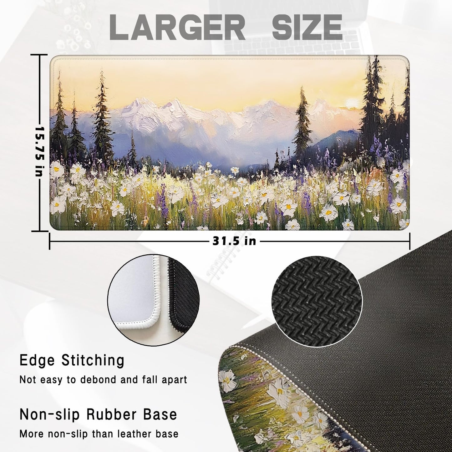 Vintage Watercolor Floral Large Mouse Pad 31.5x15.7inch, Retro Nature Cottagecore Flower Large Extended Computer Desk Mat Mousepad for Keyboard and Mouse, Floral Desk Accessories