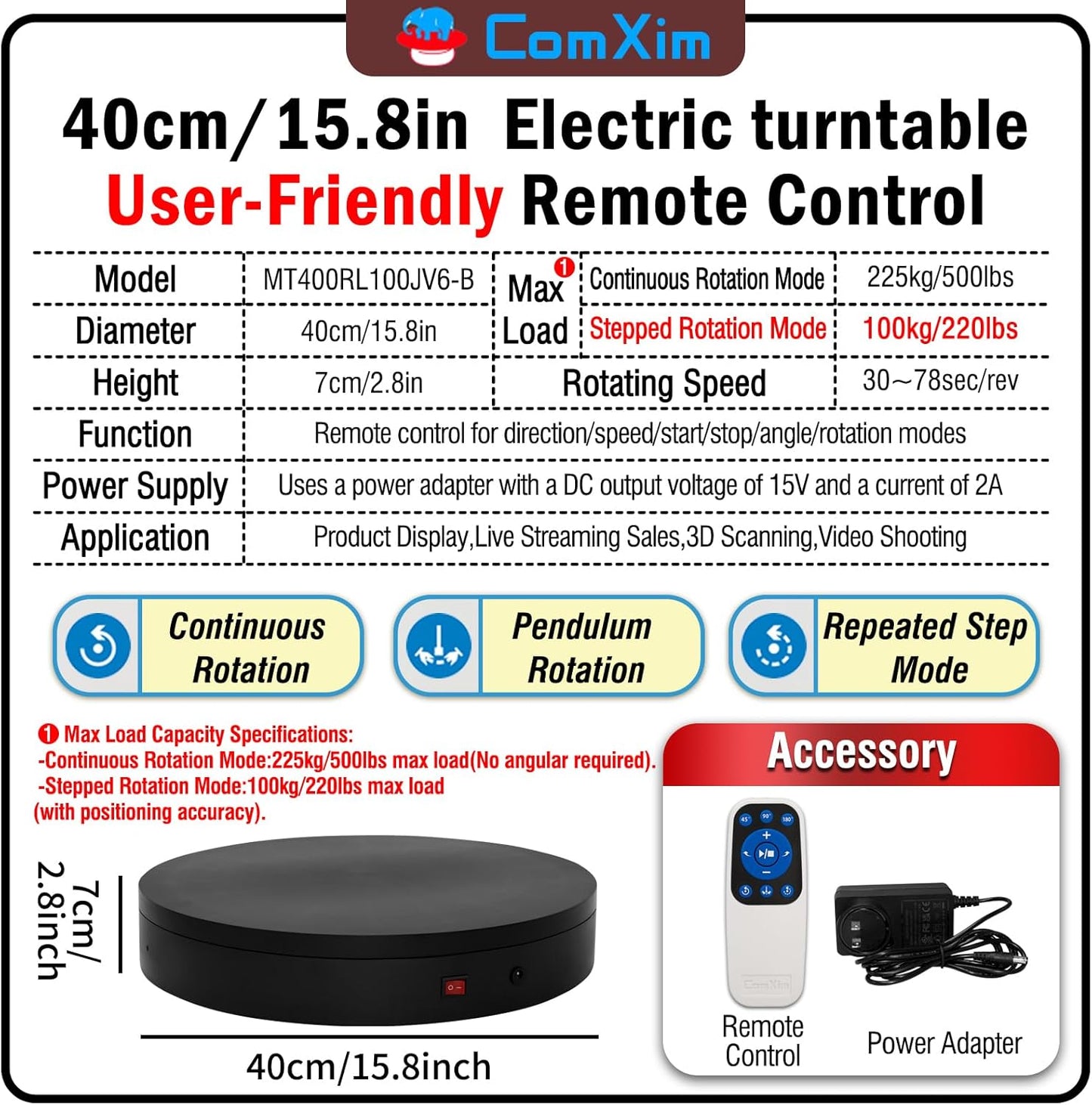 15.8In Remote Large Motorized electric turntable Rotating platform Photography Turntable Motorized lazy susan Base giratoria para for Photography,3D Scanner,Heavy duty display(Load Range:220~500lbs)