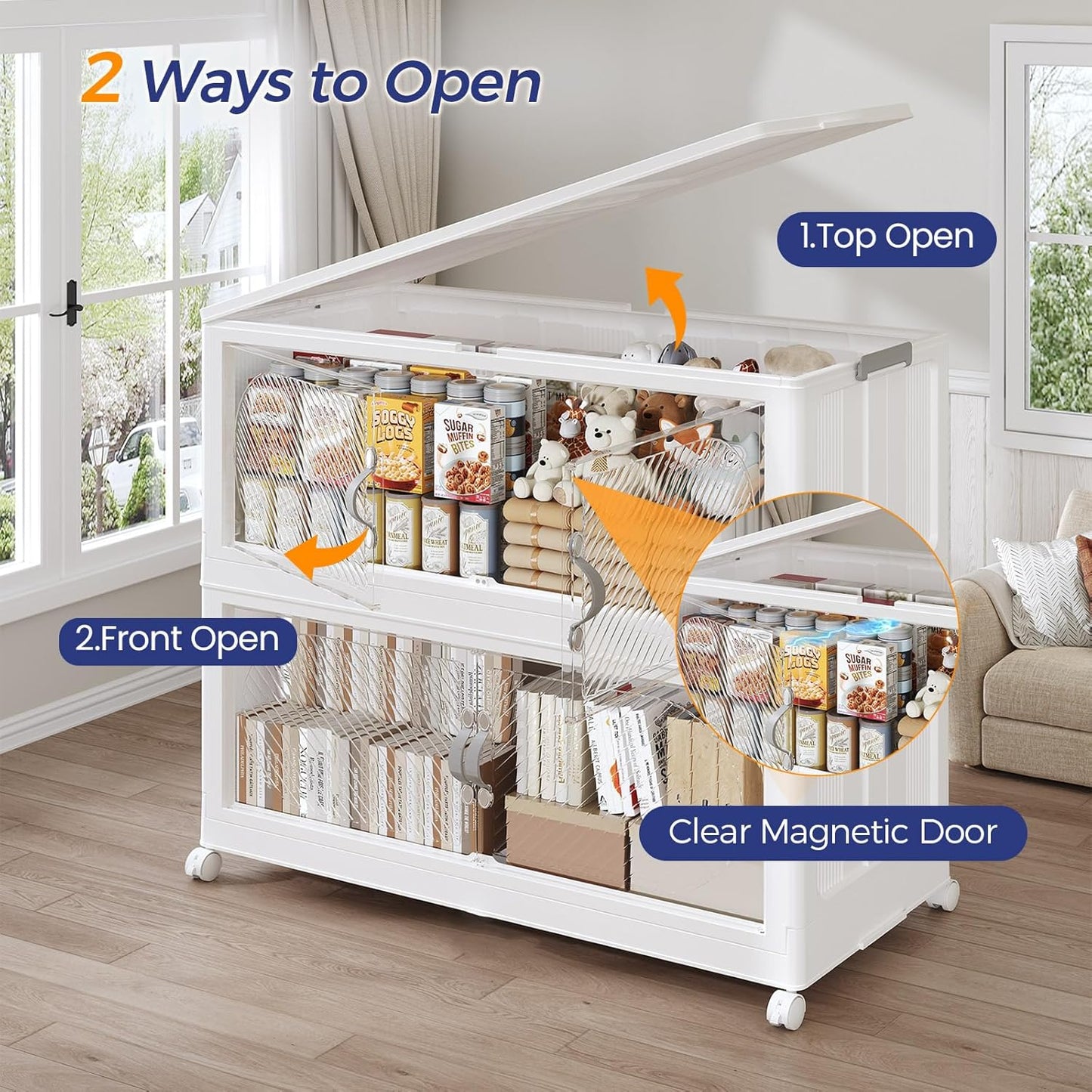 720QT Extra Large Stackable Storage Bins with Lid & Wheels & Doors, 180Gal Foldable Collapsible Closet Organizers, Plastic Cabinet Box Container Drawer for Home Kitchen Bedroom, 6Pack White