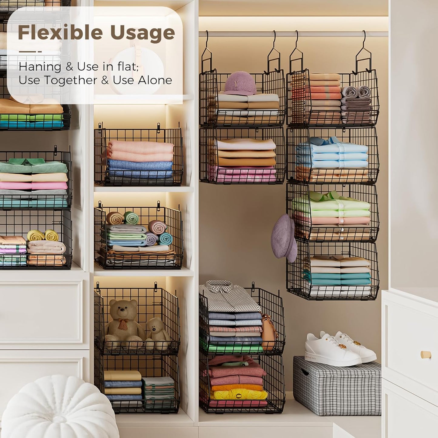 4" Extra Deeper Hanging Closet Organizers and Storage,4 Tier Foldable Wire Cabinet Shelves with 5 S Hooks,Small Metal Basket Bins for Clothes Sweaters Handbags, Wardrobe for Kitchen Laundry Room，Black
