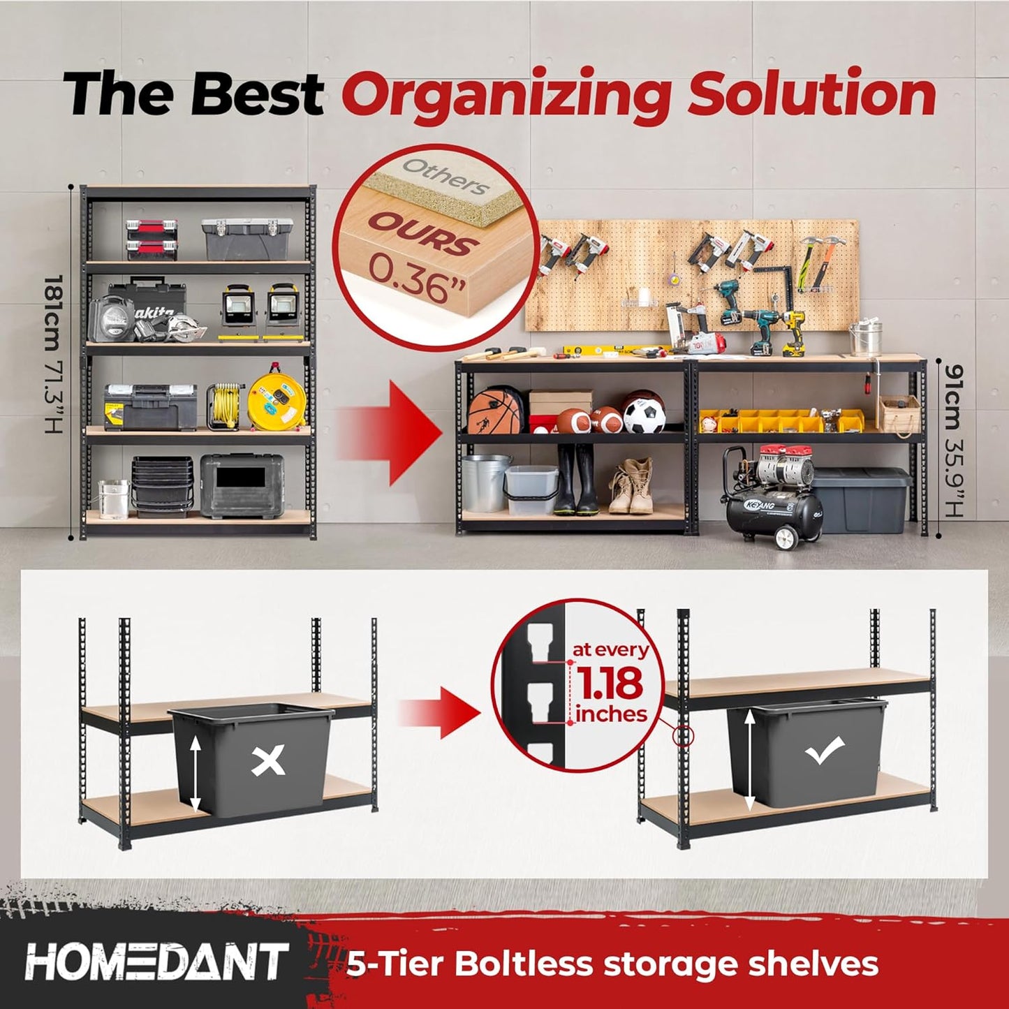 HOMEDANT 5 Tier Storage Shelves Adjustable Laminated Boltless Garage Metal Shelving Unit Heavy Duty Utility Rack Shelf Warehouse Pantry Closet Kitchen (10, (XL Deep) 48.1" W, Black)