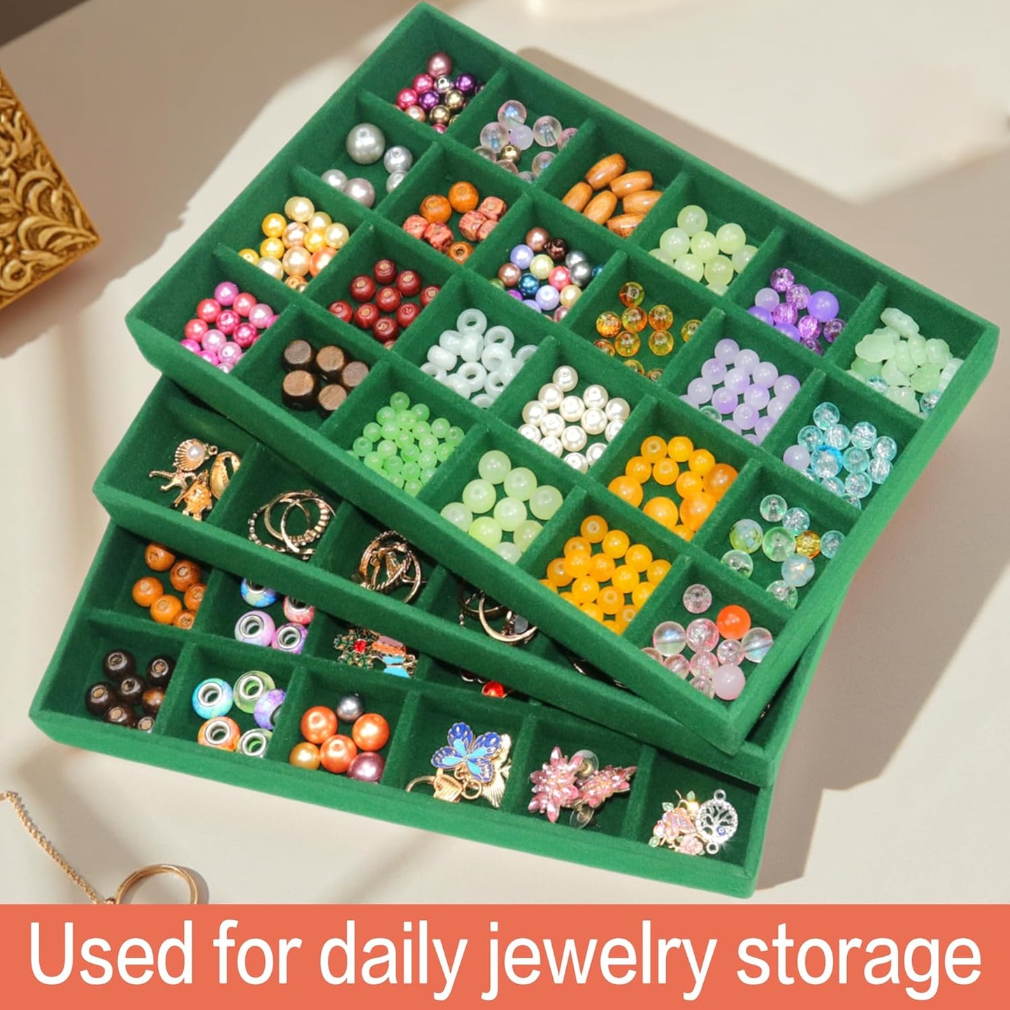 24 Grid Velvet Jewelry Drawer Organizer Tray Stackable Jewelry Trays Removable Dividers for Earring Rings Stud Necklaces (Set of 8, Green