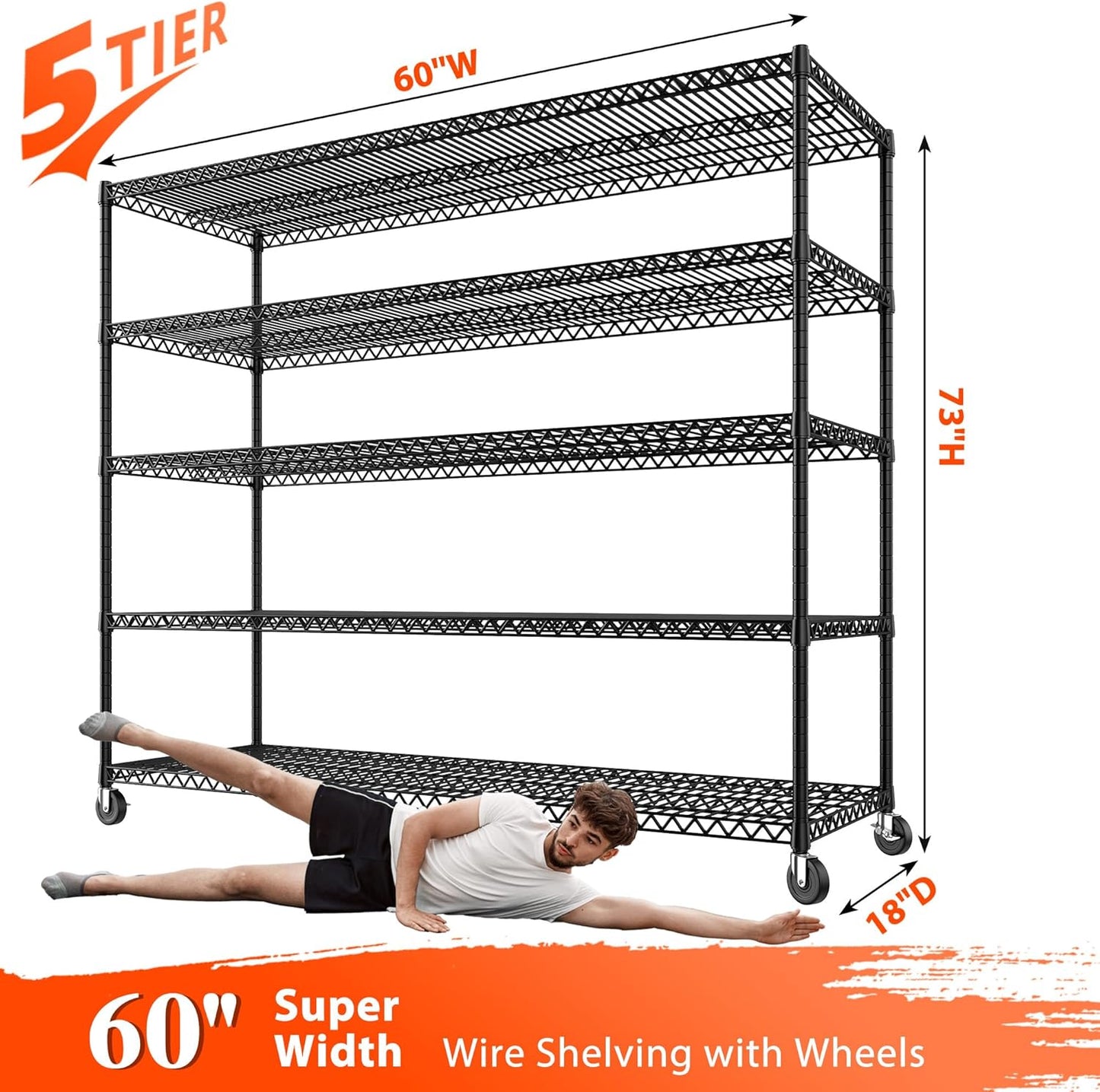3200LBS Storage Shelves Wire Shelving with Wheels,Adjustable Garage Shelving Heavy Duty Steel Metal Shelving Unit Shelf Rack for Warehouses,Garage,Kitchen,School,Commercial,73" H X 60”W X 18" D