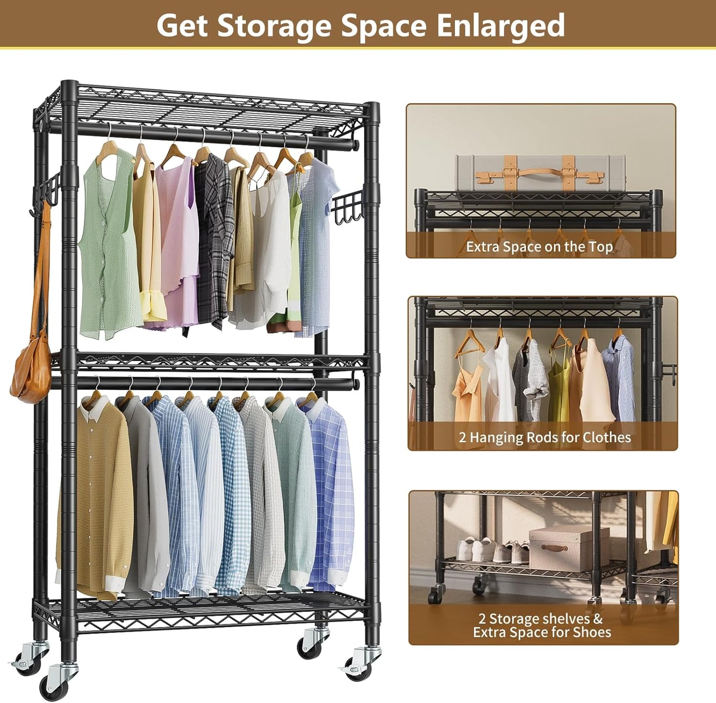 Heavy Duty Clothes Rack Rolling Garment Rack,3 Tier Adjustable Wire Shelving Clothing Racks for Hanging Clothes with Double Rods&Side Hooks,Freestanding Wardrobe Storage Rack Metal Portable Closet