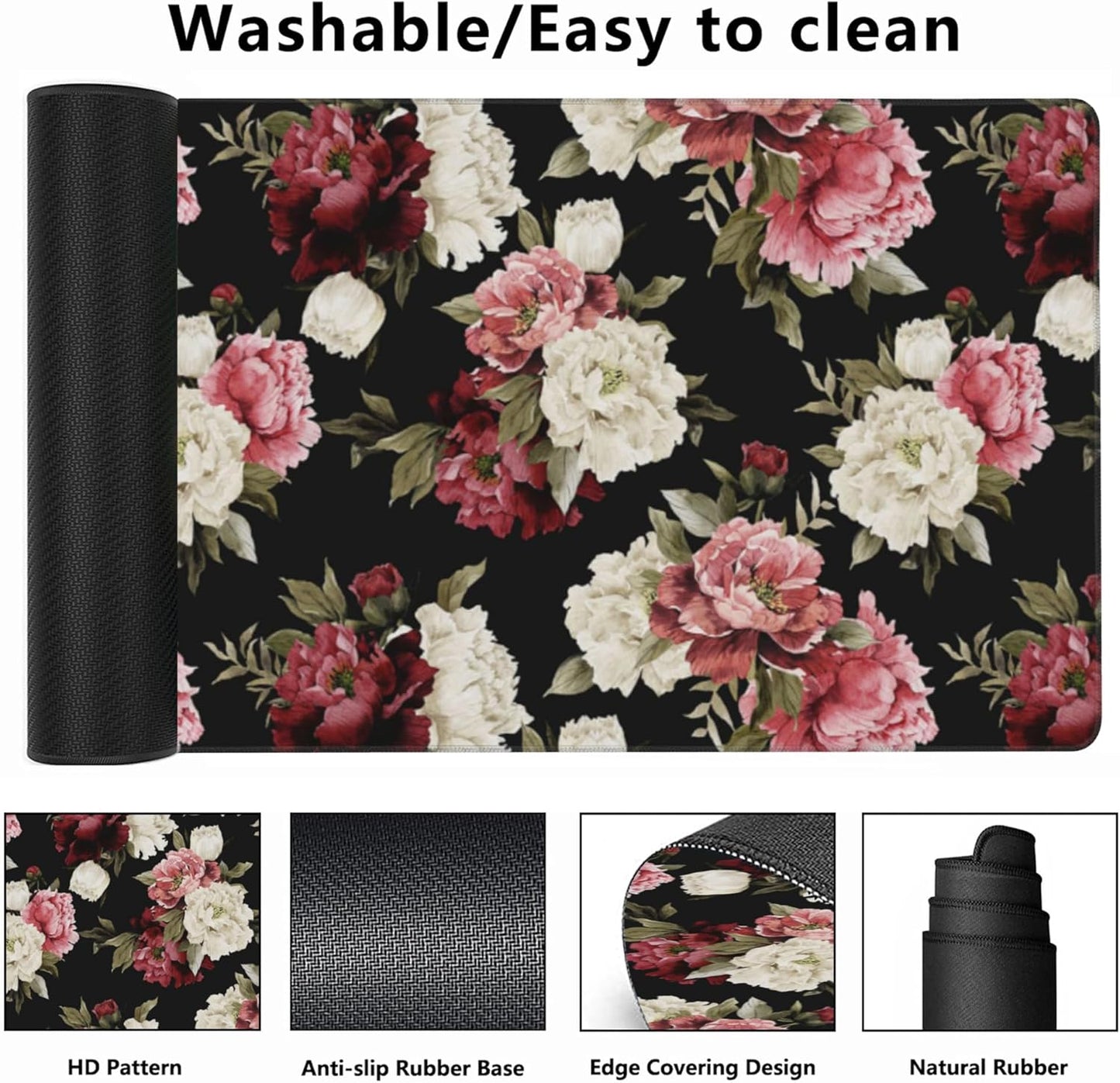Desk Mat,Watercolor Peonies Floral Gaming Mouse Pad,XXL Extended Mouse Pad Mat for Office,Computer,Keyboard with Non-Slip Base Stitched Eges Mousepad 35.4x15.75 inch