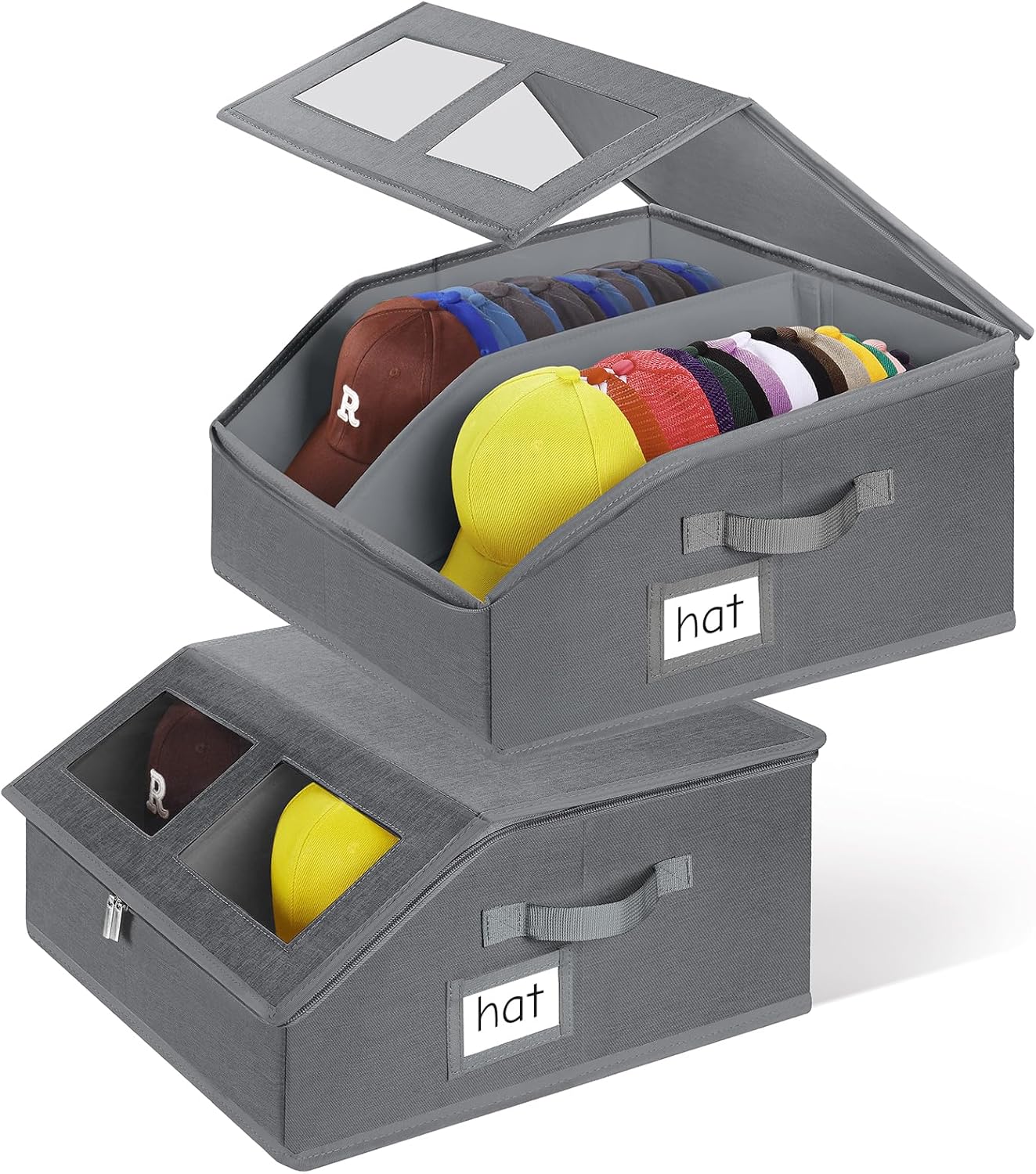 2 Pack Hat Storage for Baseball Caps-Holds Up to 48 Caps, Hat Organizer for Closet Stackable Hat Box with Cardboard, Dustproof Baseball Cap Organizer with 2 Handles for Home Travel (Grey, 2Pack)