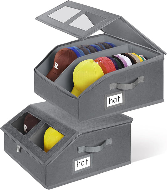 2 Pack Hat Storage for Baseball Caps-Holds Up to 48 Caps, Hat Organizer for Closet Stackable Hat Box with Cardboard, Dustproof Baseball Cap Organizer with 2 Handles for Home Travel (Grey, 2Pack)