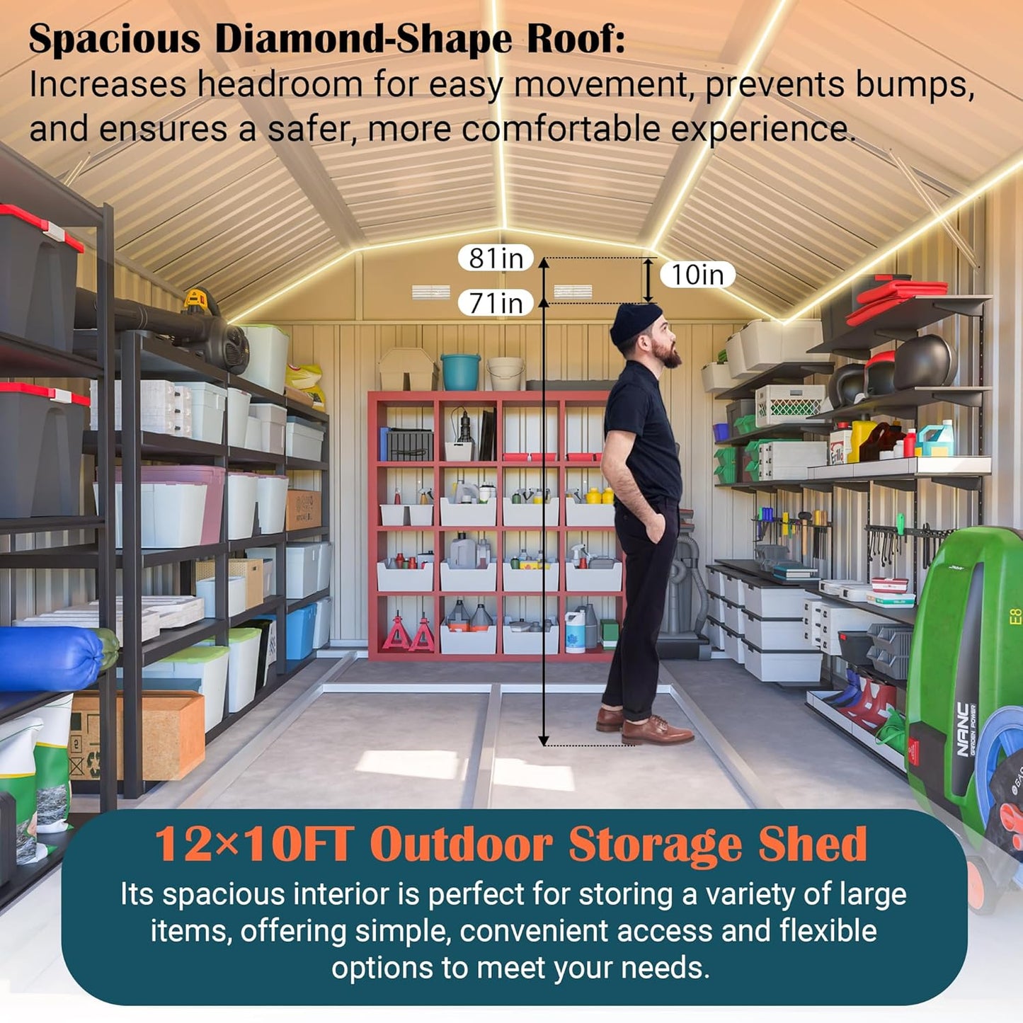10x12 FT Metal Storage Shed with Floor Frame, Heavy-Duty Outdoor Storage Building with Diamond Roof, 4 Air Vents, Transparent Window & Lockable Double Doors, Snow-Resistant Backyard Garage Shed