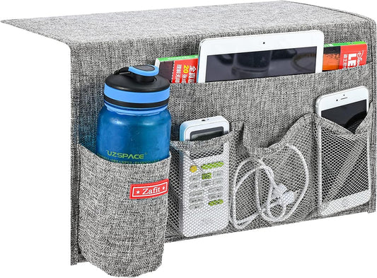 Linen 5 Pockets Bedside Caddy, Bedside Storage Organizer with Water Bottle Holder for Magazine, Remotes, Phone (Grey)