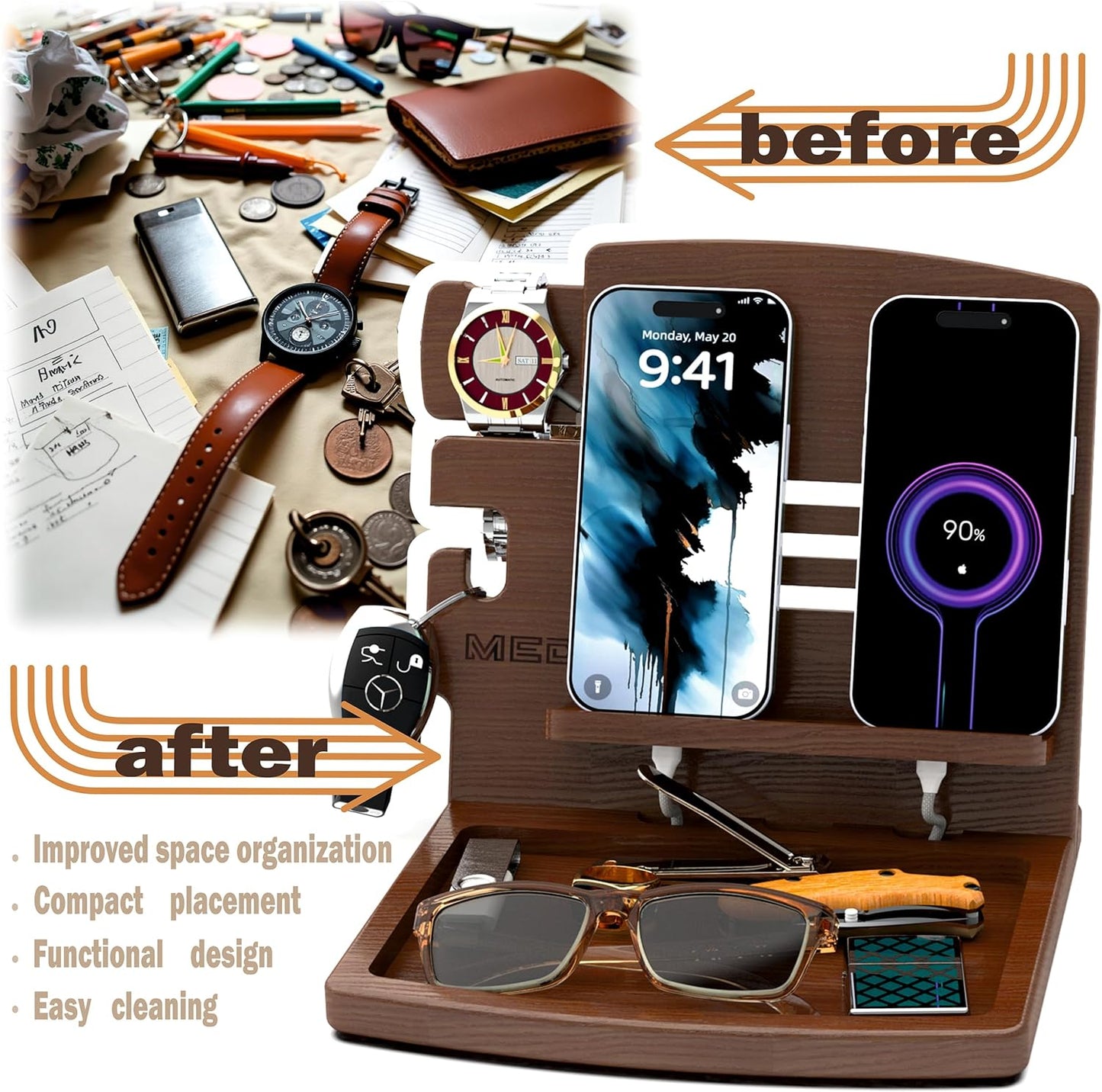 MED Wood Phone Docking Station – Nightstand Desk Organizer for Phone, Watch, Wallet & Tablet – Gift for Men, Husband, Dad & Women – Wooden Charging Stand (Black, Model 1)