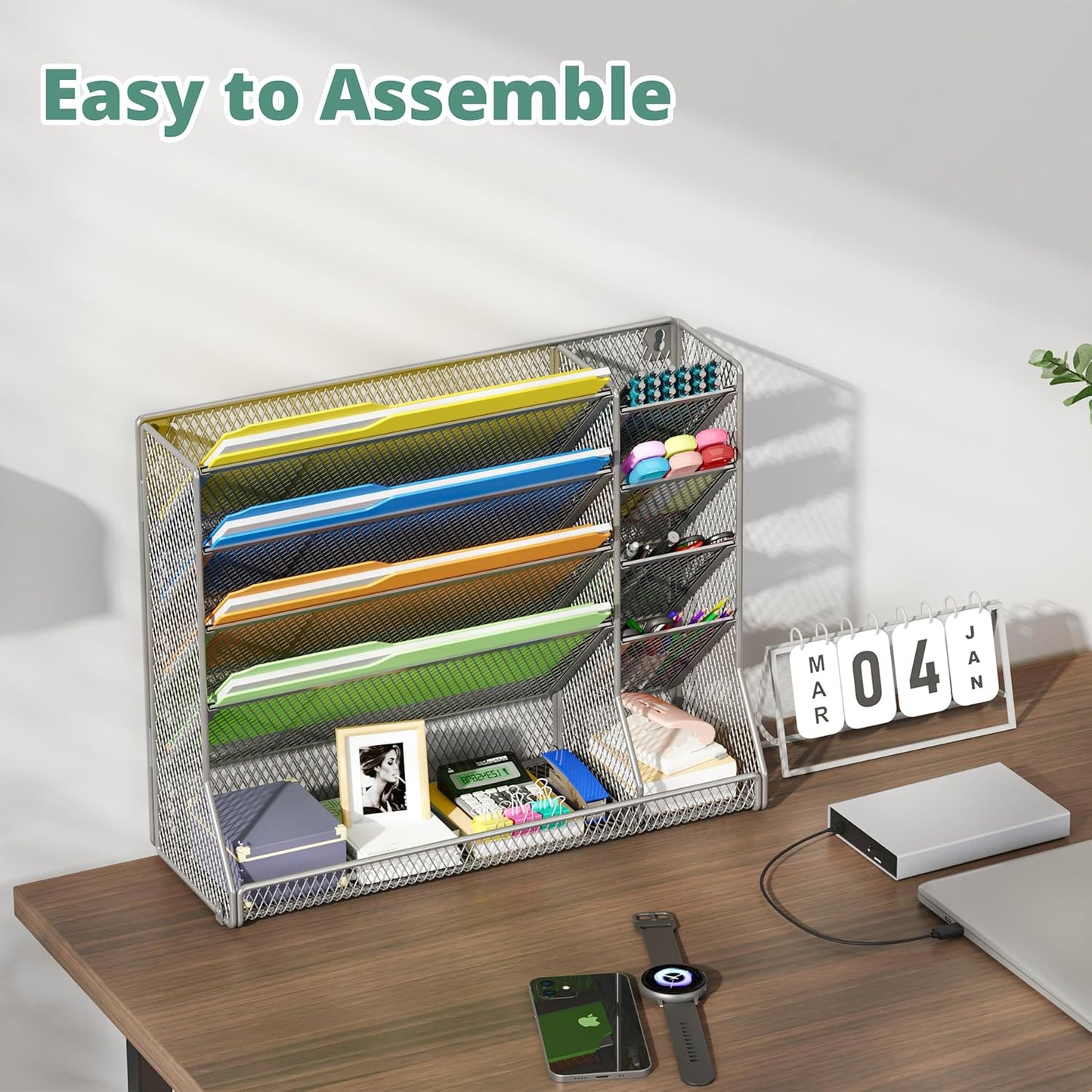 File Organizer Wall Mounted 4 Tiers Durable Adjustable Metal Vertical Hanging With 4 Pen Slots Stable R-shaped Bottom 4 Pull-out Devider to Sort File, Mail, Newspaper,Pen, Suitable for Office, Silver