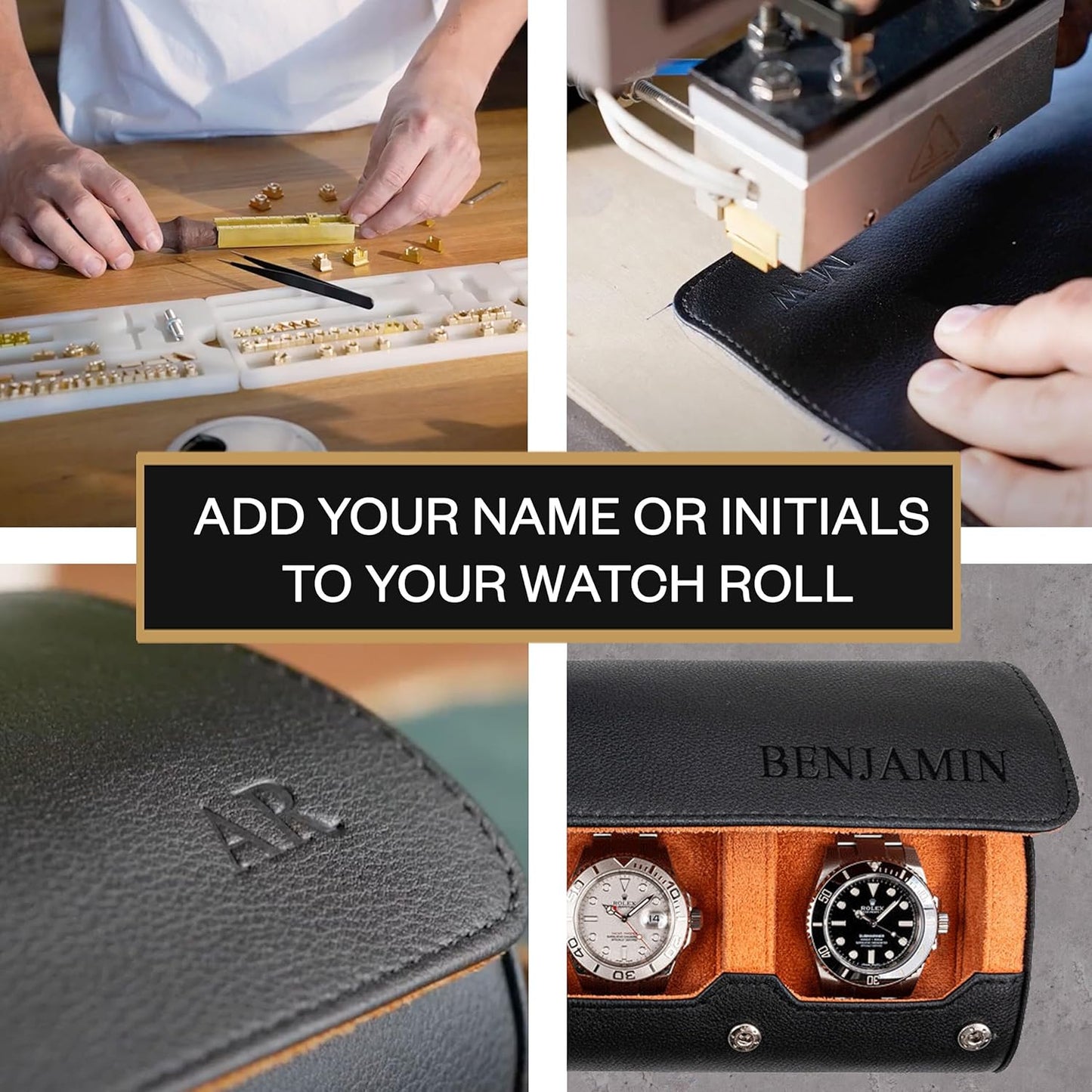 DailyWatch | Personalized Watch Roll Travel Case For 3 Watches - Handmade Genuine Leather Travel Case With Custom Engraving of Name or Initials - Black Orange