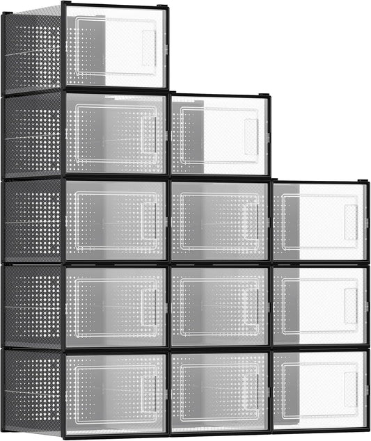 SONGMICS Shoe Boxes, Pack of 12 Shoe Storage Organizers, Stackable Clear Plastic Boxes for Closet, Sneakers, 13.7 x 9.9 x 7.4 Inches, Transparent and Black ULSP007B12