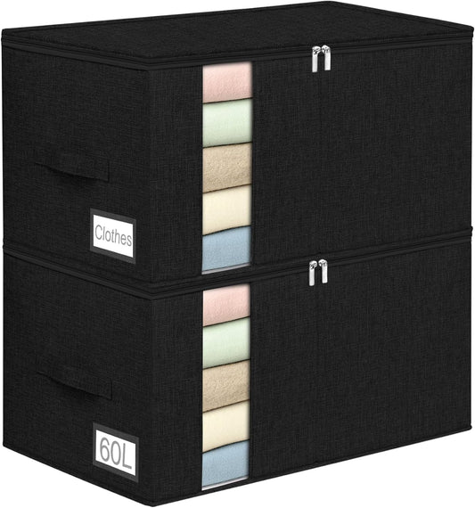 60L Comforter Storage Bag, Sturdy Construction Blanket Storage Bin with Durable Handles, Storage Bags for Clothes with Dual Zipper for Sheet Quilt Sweater Bedding Pillow, Black