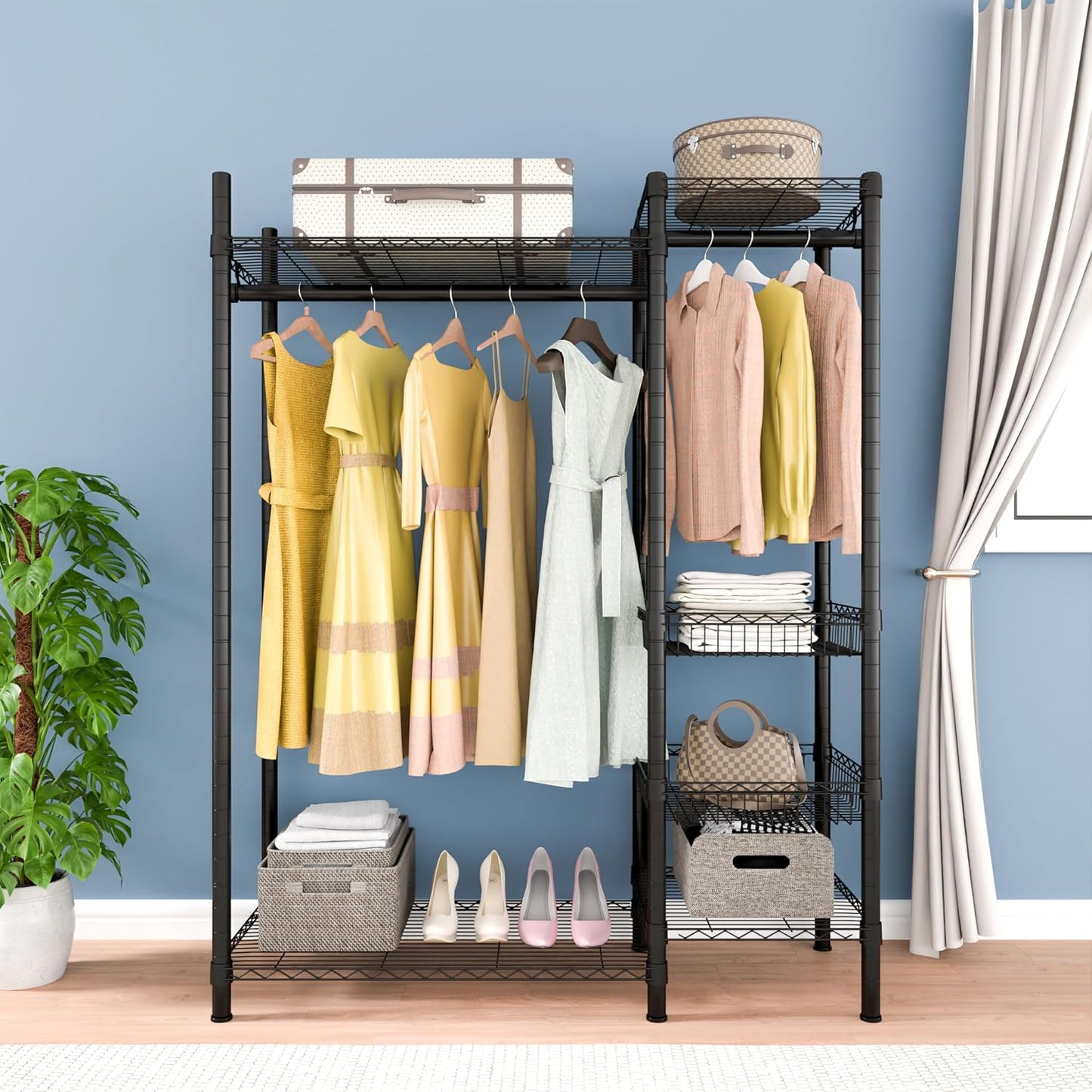 Xiofio 6 Tiers Heavy Duty Clothes Rack,Metal Clothing Rack, Adjustable Clothing Rack with Hanging Rod and Wire Fixing Baskets,Max Load 600LBS,Black
