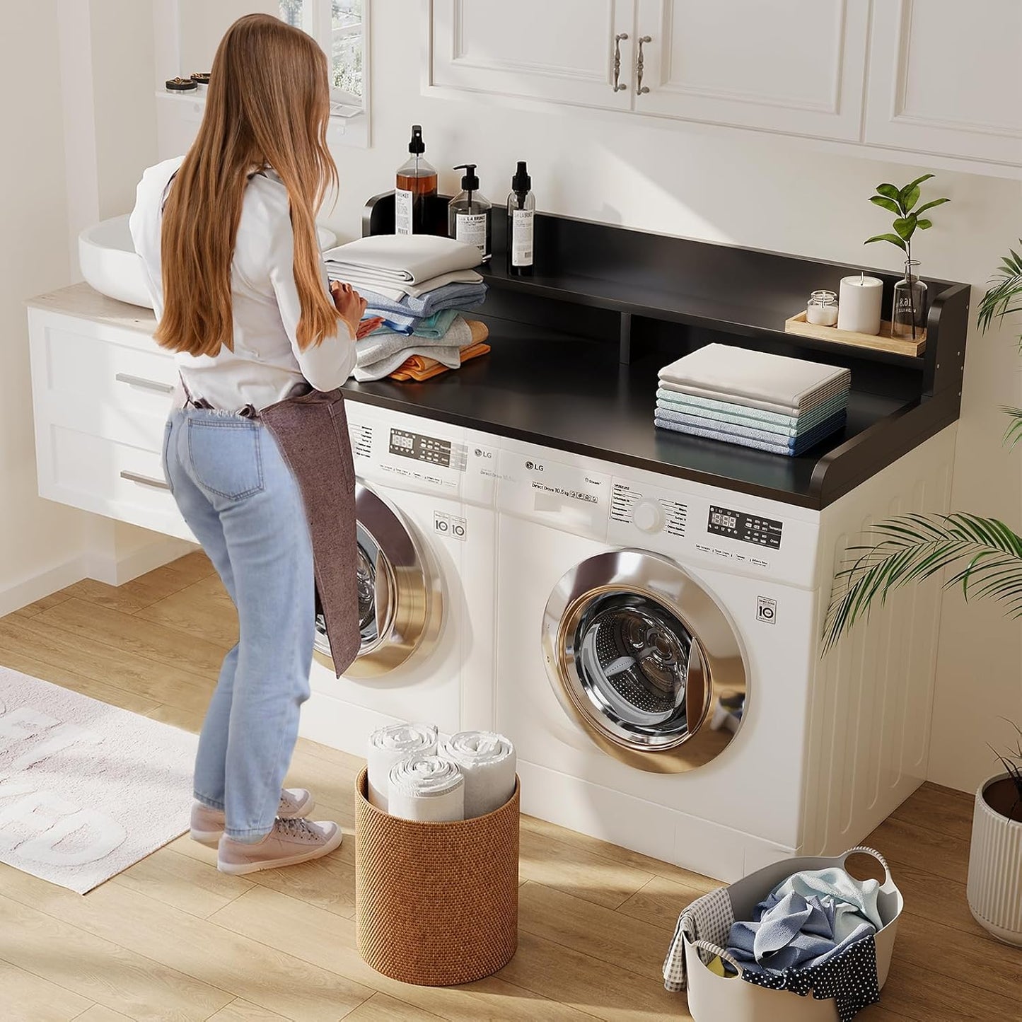 2-Tier Washer Dryer Countertop with 2.75" H Edge Rails, 58" W x 28" D Laundry Countertop for Folding Clothes, Washer and Dryer Topper with Non-Slip Pad (Black)