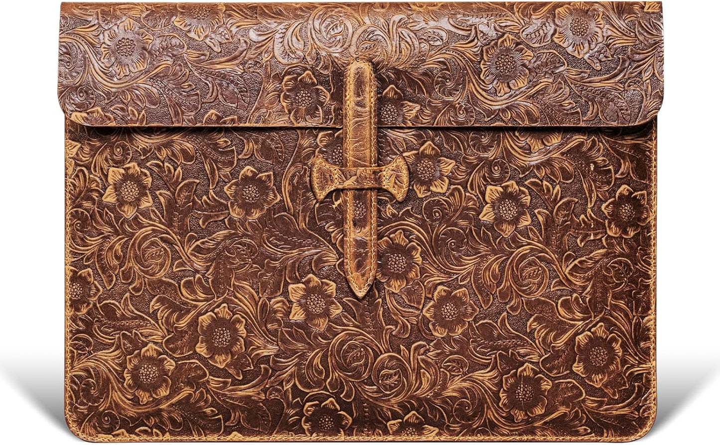Genuine Leather Laptop Sleeve,Compatible with MacBook Pro 13 Inch M2 M1(2025-2016)＆MacBook Air 13 Inch M4 M3 M2 M1(2025-2018),Vintage Protective Computer Case with Floral Pattern,Buckle Brown