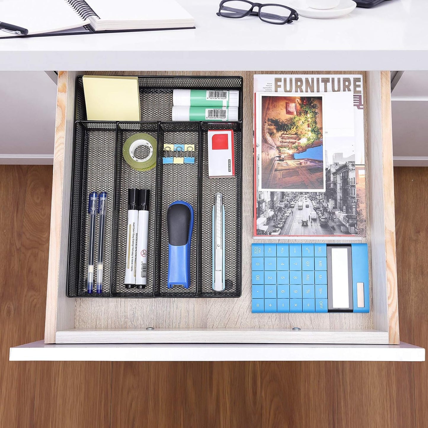 WuGeShop Office Desk Drawer Organizer, 5 Compartments Mesh Drawer Organizer Tray for Storage Art Supplies, Stationery, Black